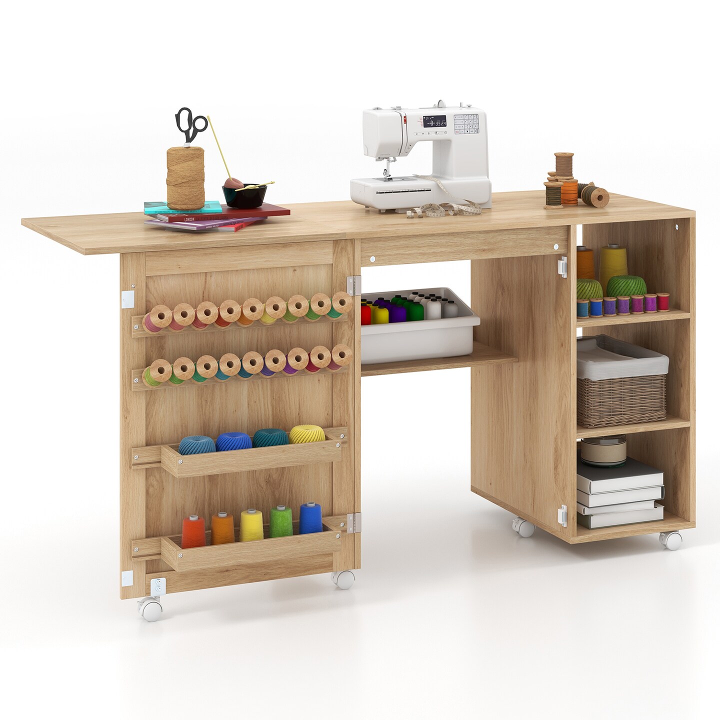Natural Multipurpose Folding Sewing Table Craft Station with Rattan Door