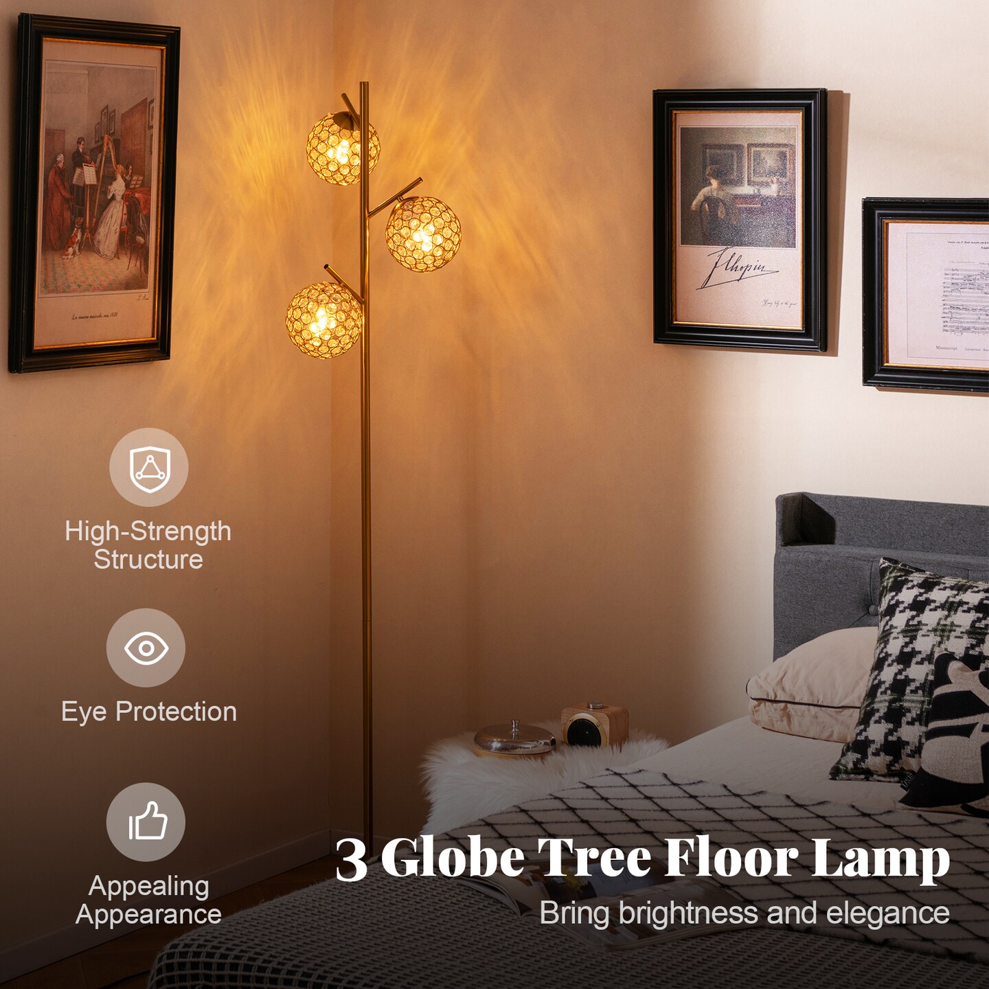 Golden 3-Globe Tree Floor Lamp with Foot Switch and Sturdy Metal Stand
