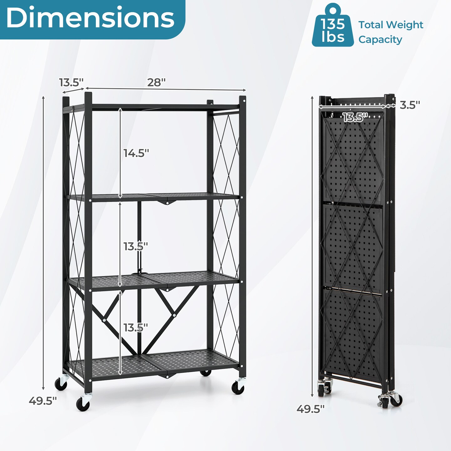 4-Tier Black Fold-able Storage Shelf Collapsible Storage Rack with Lockable Wheels