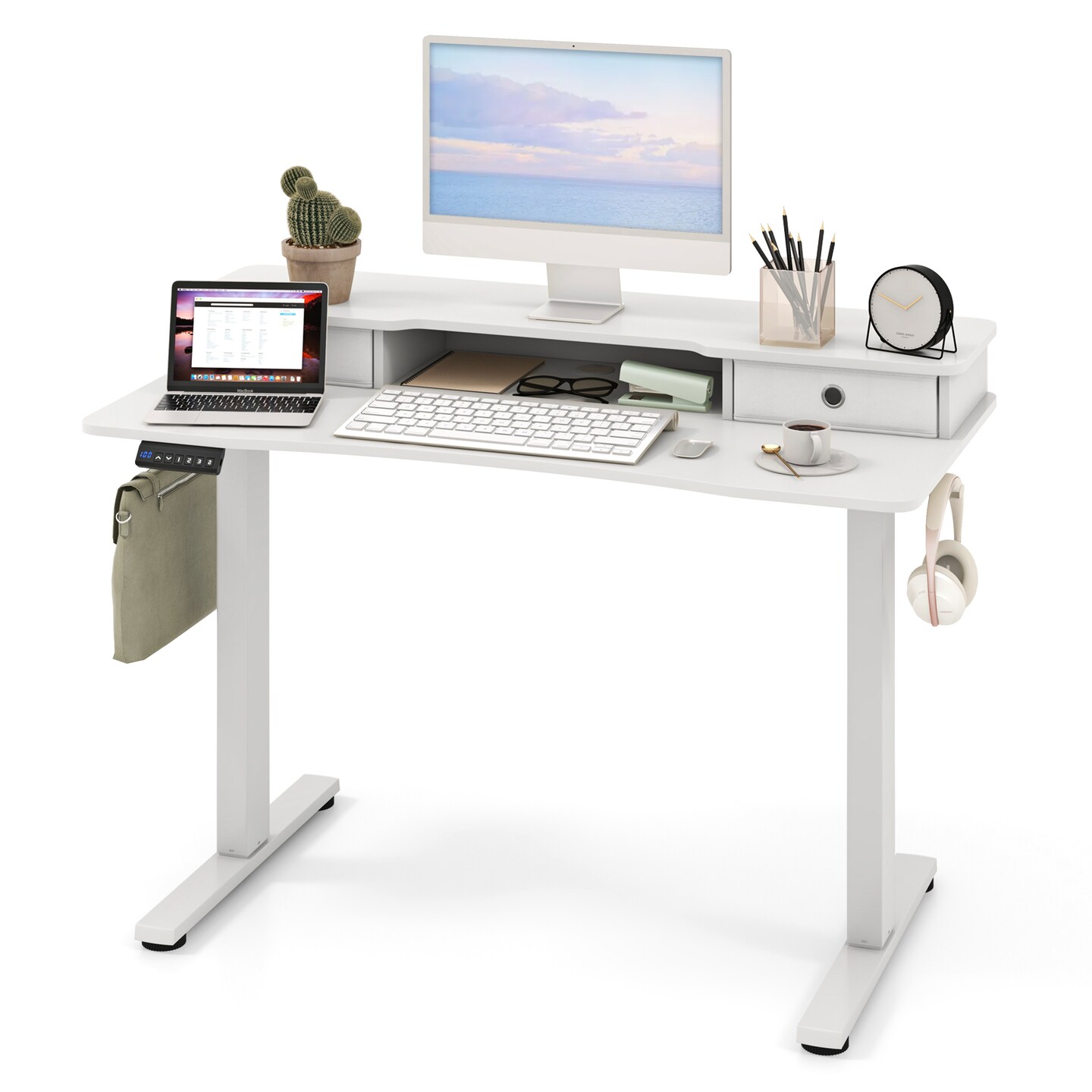 White Height Adjustable Electric Standing Desk with 2 Fabric Drawers
