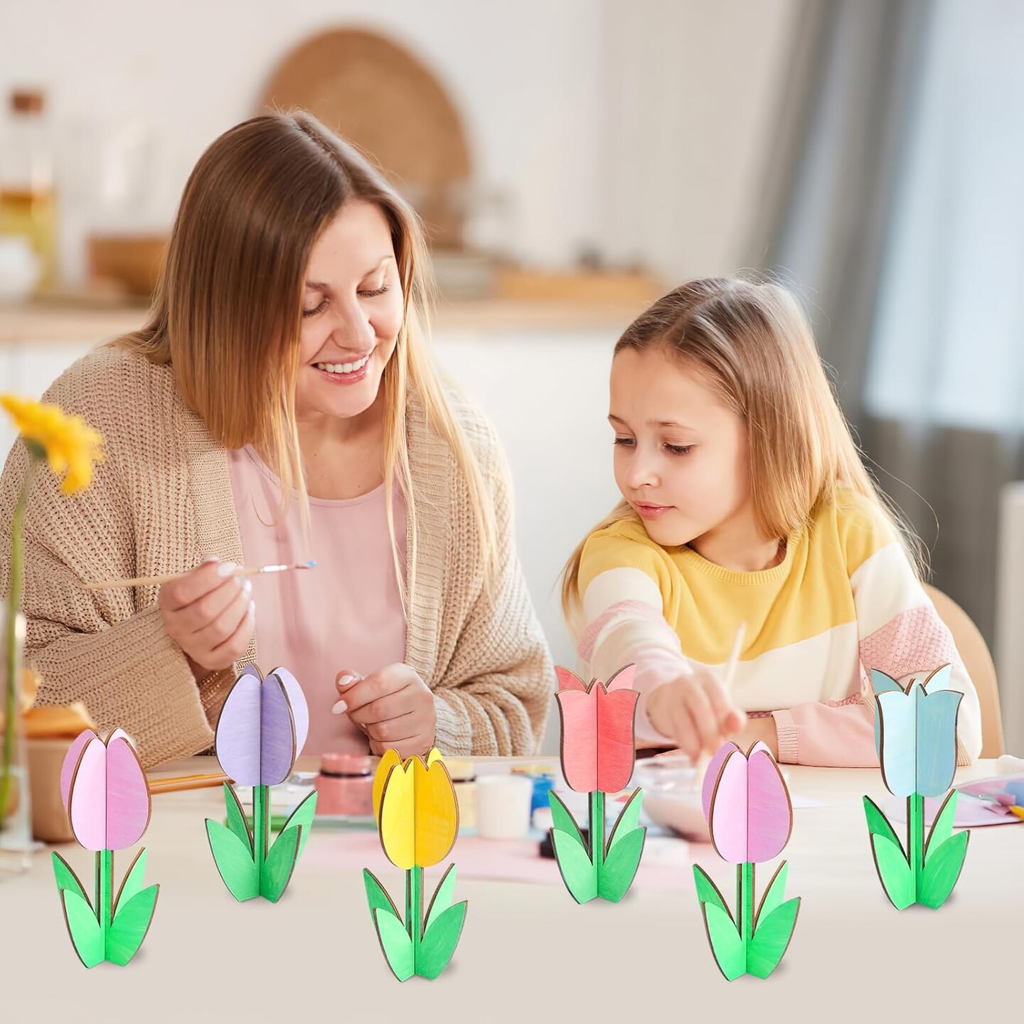 24 Pack Wood Tulips to Paint, DIY Wooden Tulips Flowers Craft Kits with Decorate Tools Spring Summer Centerpieces Craft Ornaments for Home DIY Craft Party Favors Tiered Tray Decorations