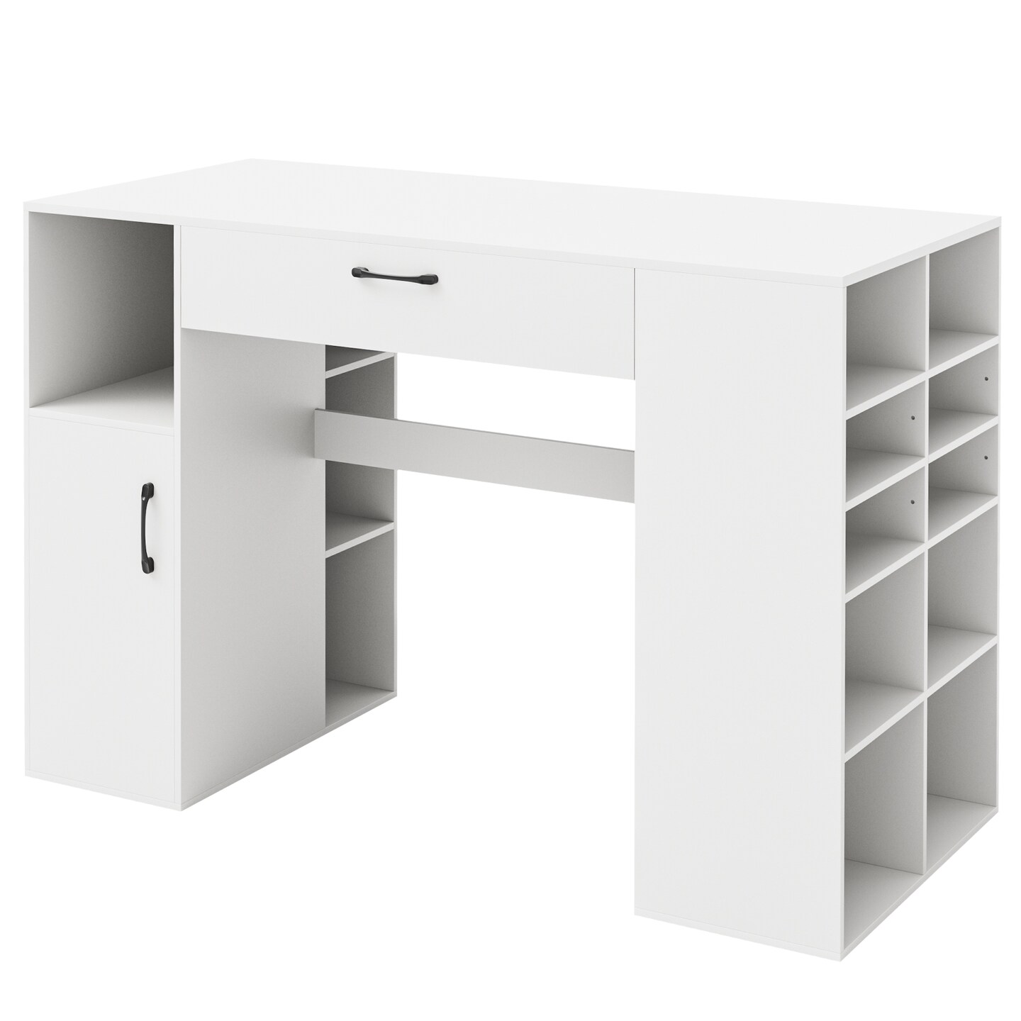 White Counter Height Sewing Craft Table, Computer Desk with Adjustable Shelves and Drawer