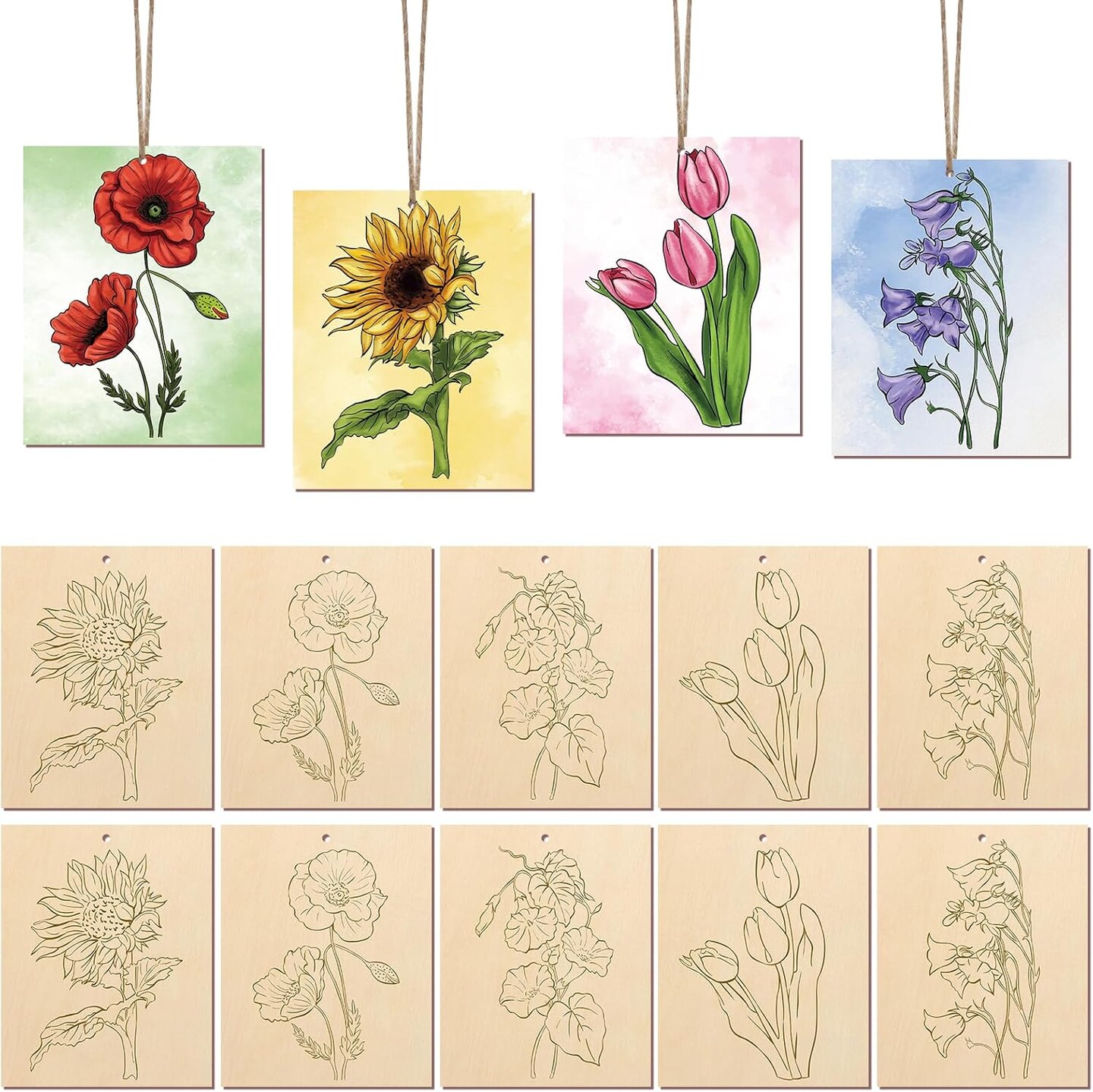 10 Pieces Large Flowers Unfinished Wood Crafts to Paint for Adults and Kids, Bulk Predrilled Wooden Ornaments for Painting, Tulips Flower Paintable Wood Slices Craft Supplies with Ropes