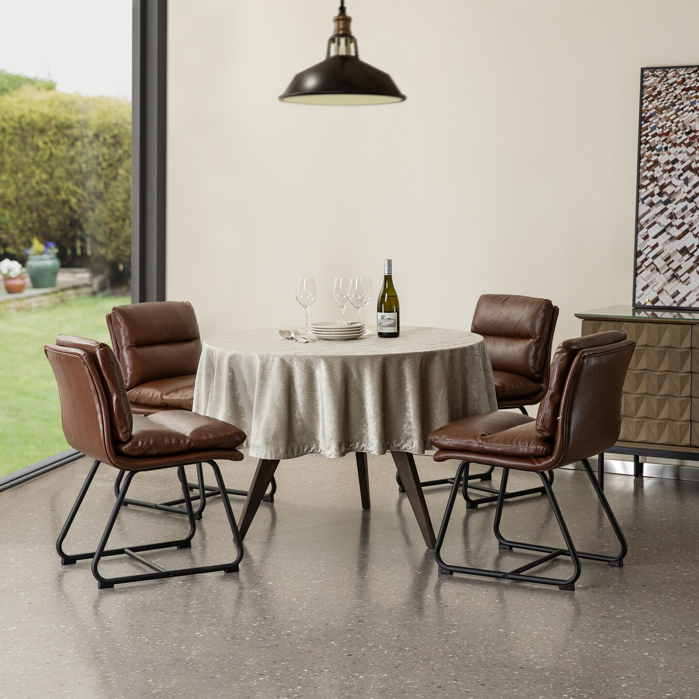 Set of 2/4 Mid-Century Modern Leatherette Solid Back Dining Chair with V-shaped Solidwood Legs