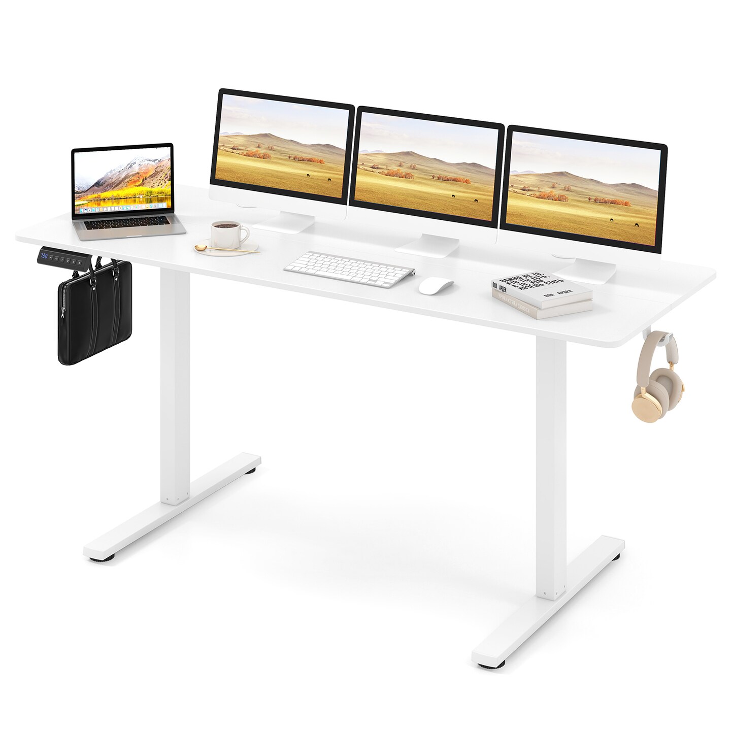 White Electric Standing Desk with 3 Memory Heights and 2 Hanging Hooks and Cable Holes