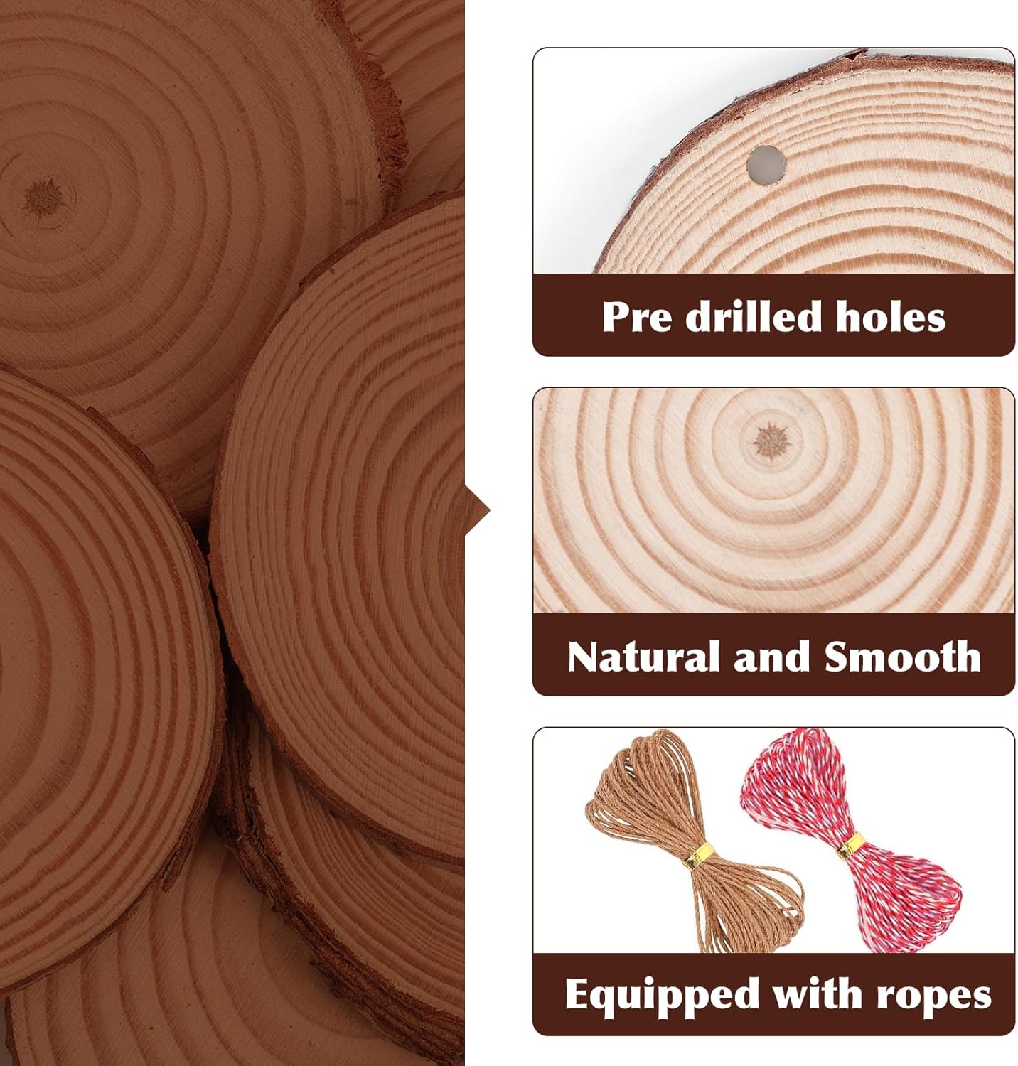 100 Pack Nature Wood Slices for Crafts,2.4-2.8In Unfinished Natural Wood Rounds.Wood Circles Predrilled with Hole and 20m Rope for Wooden Craft Supplies,Painting,Christmas Ornaments,DIY Gifts