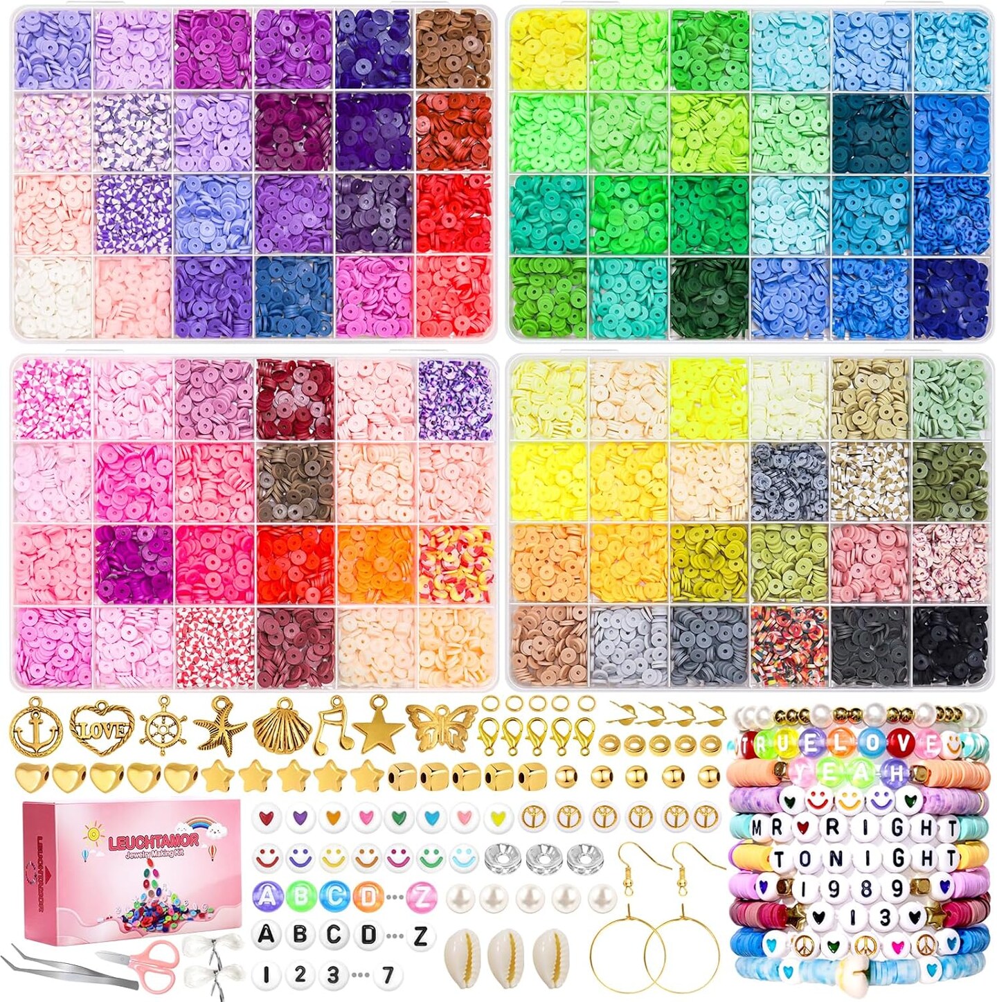15000PCS Clay Beads 96 Colors Friendship Bracelet Making Kit 4 Boxes Polymer Clay Beads Disc Clay Beads with Charms for Jewelry Making,Crafts Gifts
