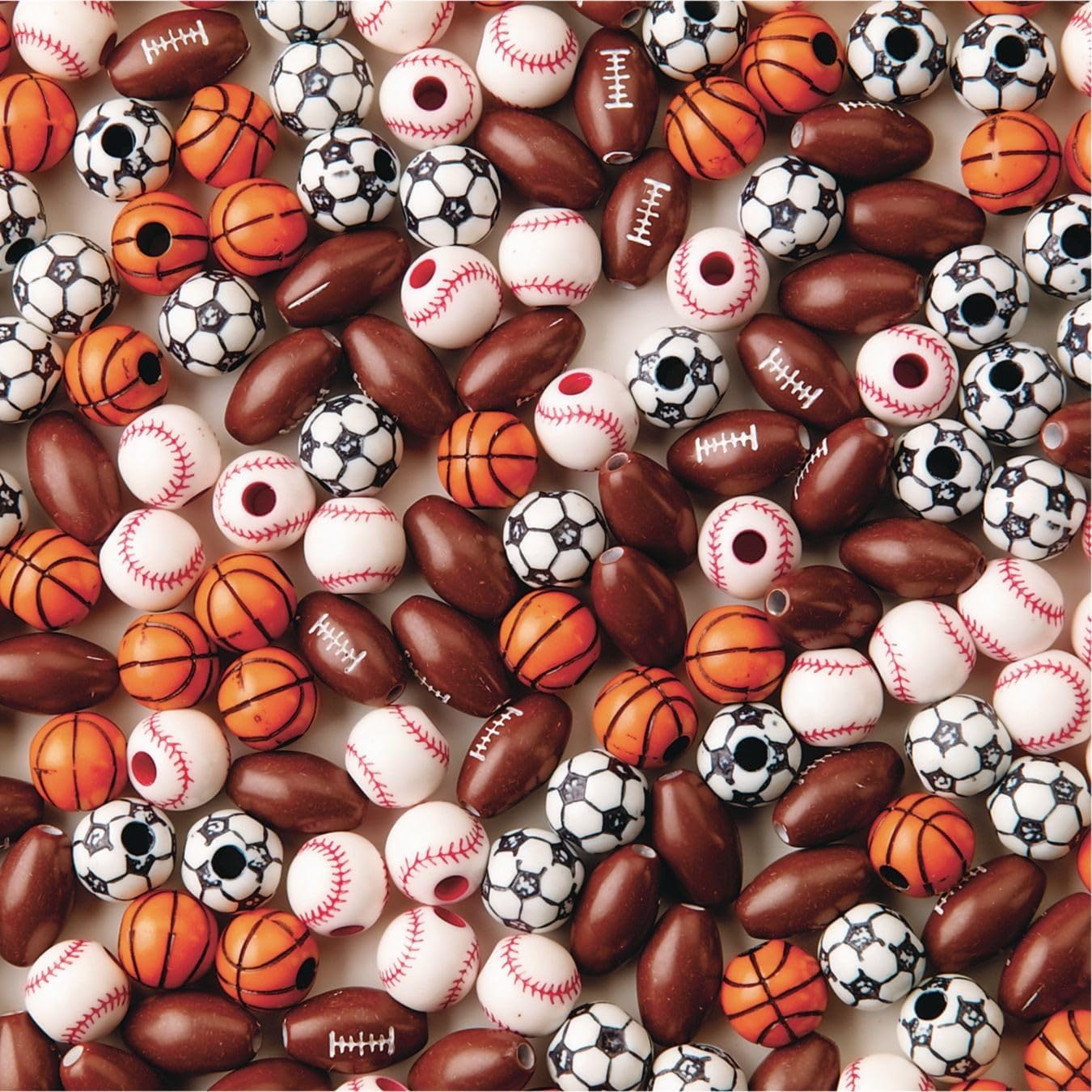 S&#x26;S Worldwide Color Splash! Sports Bead Mix: Football, Baseball, Soccer &#x26; Basketball Beads. Make Kids&#x27; Sports Jewelry, Add To Backpacks &#x26; Shoelaces, 12-15mm with 2.5-3.5mm holes. Plastic. Pack of 144.