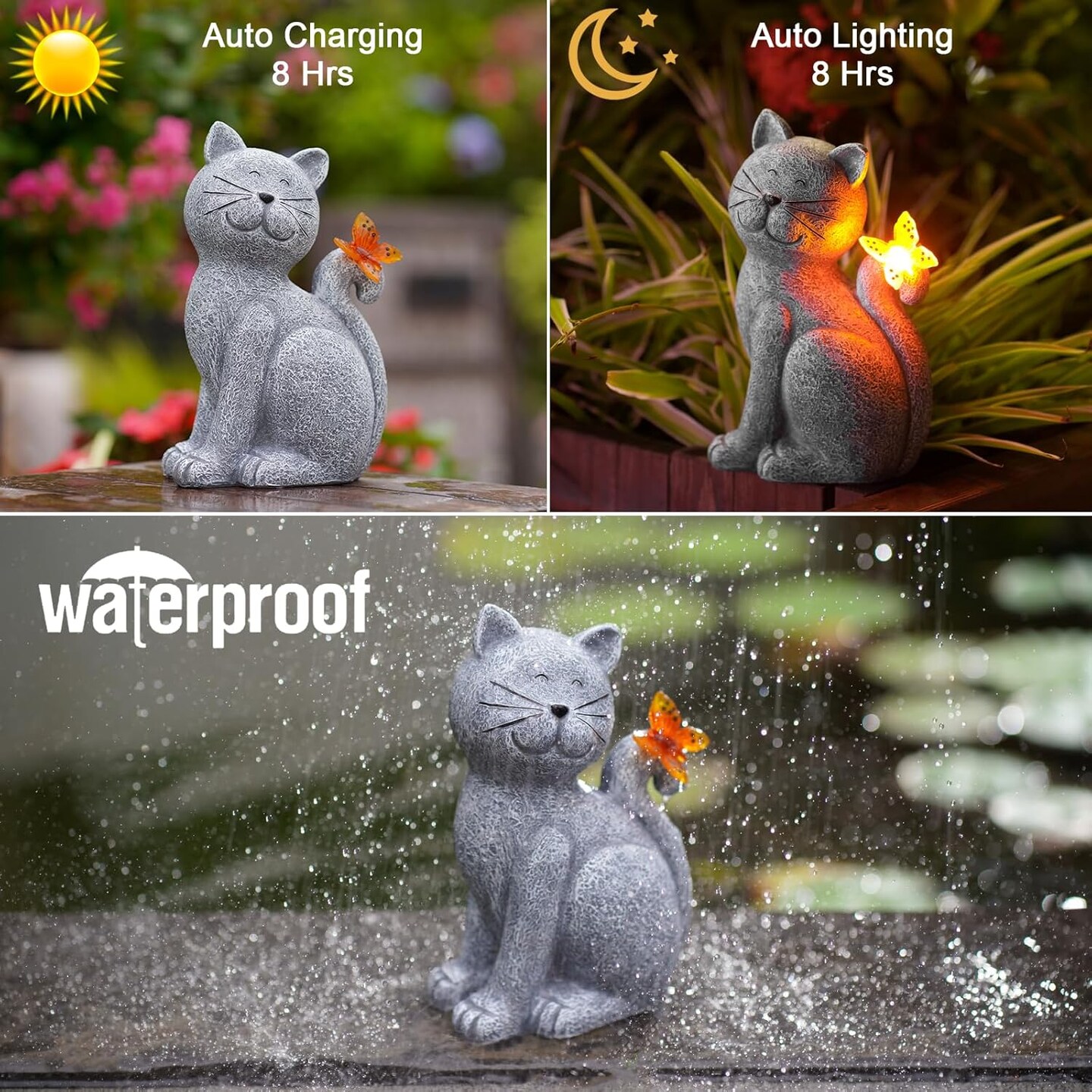 Solar Cat Garden Statue with Butterfly – Outdoor Yard Lawn Patio Decor