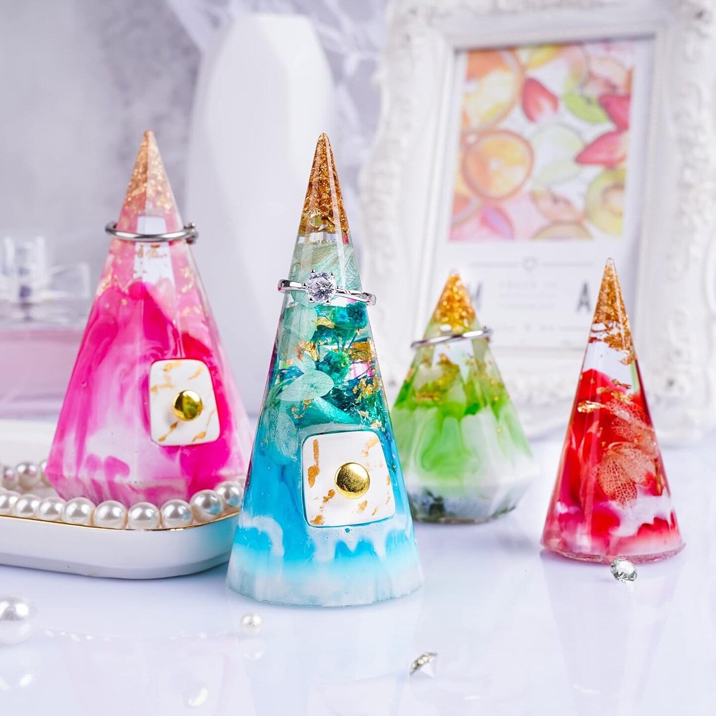 LET&#x27;S RESIN Ring Cone Resin Molds,4 Pcs Ring Holder Silicone Molds for Epoxy Resin, Ring Cone Pyramid Silicone Resin Molds for DIY Ring Stand, Ring Jewelry Display Stand, Wedding Gift