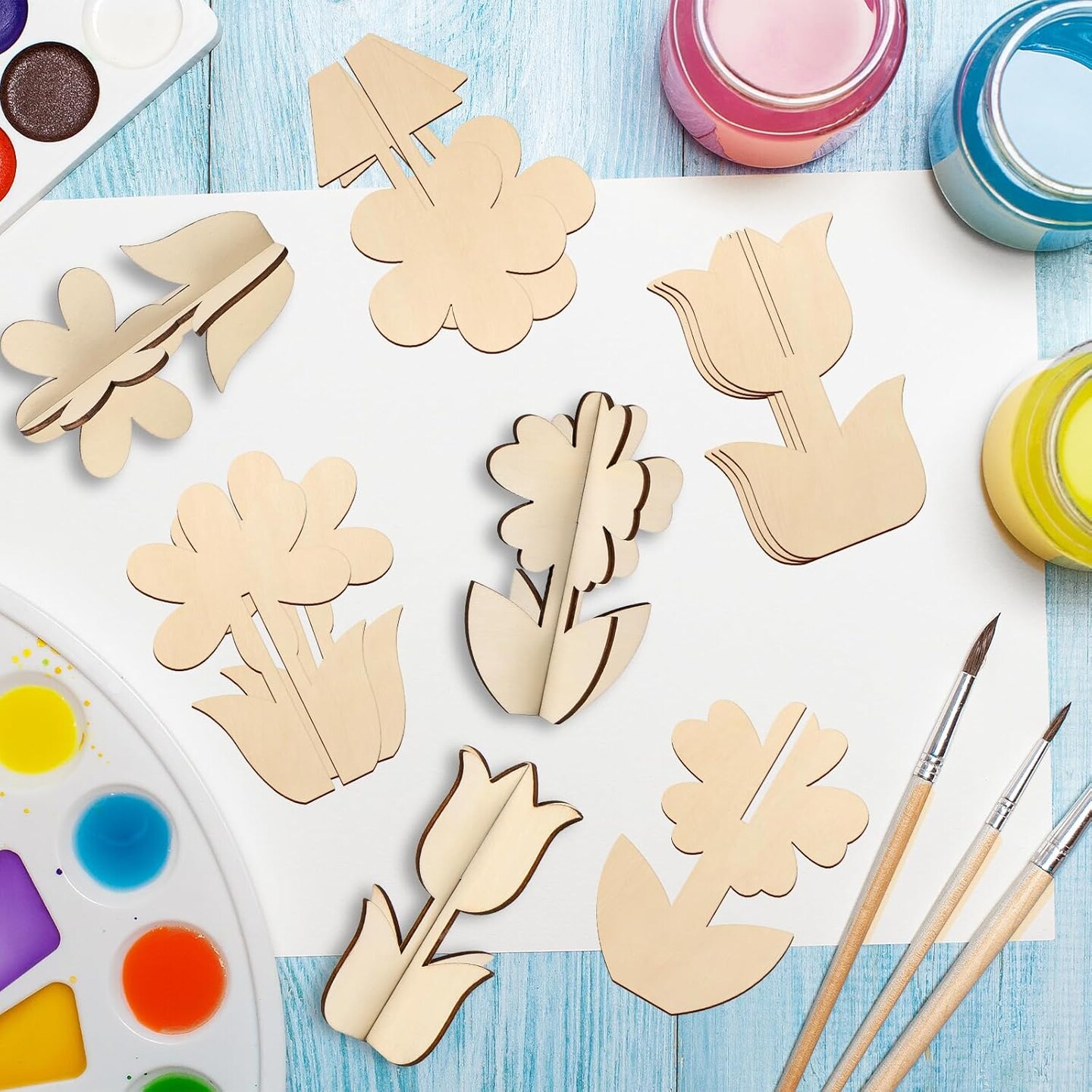 DIY 3D Flower Spring Wood Crafts to Paint for Kids Adults, Paintable Unfinished Wooden Slices for Craft, Flowers Cutouts Ornaments for Painting Decorations (24 PCS)