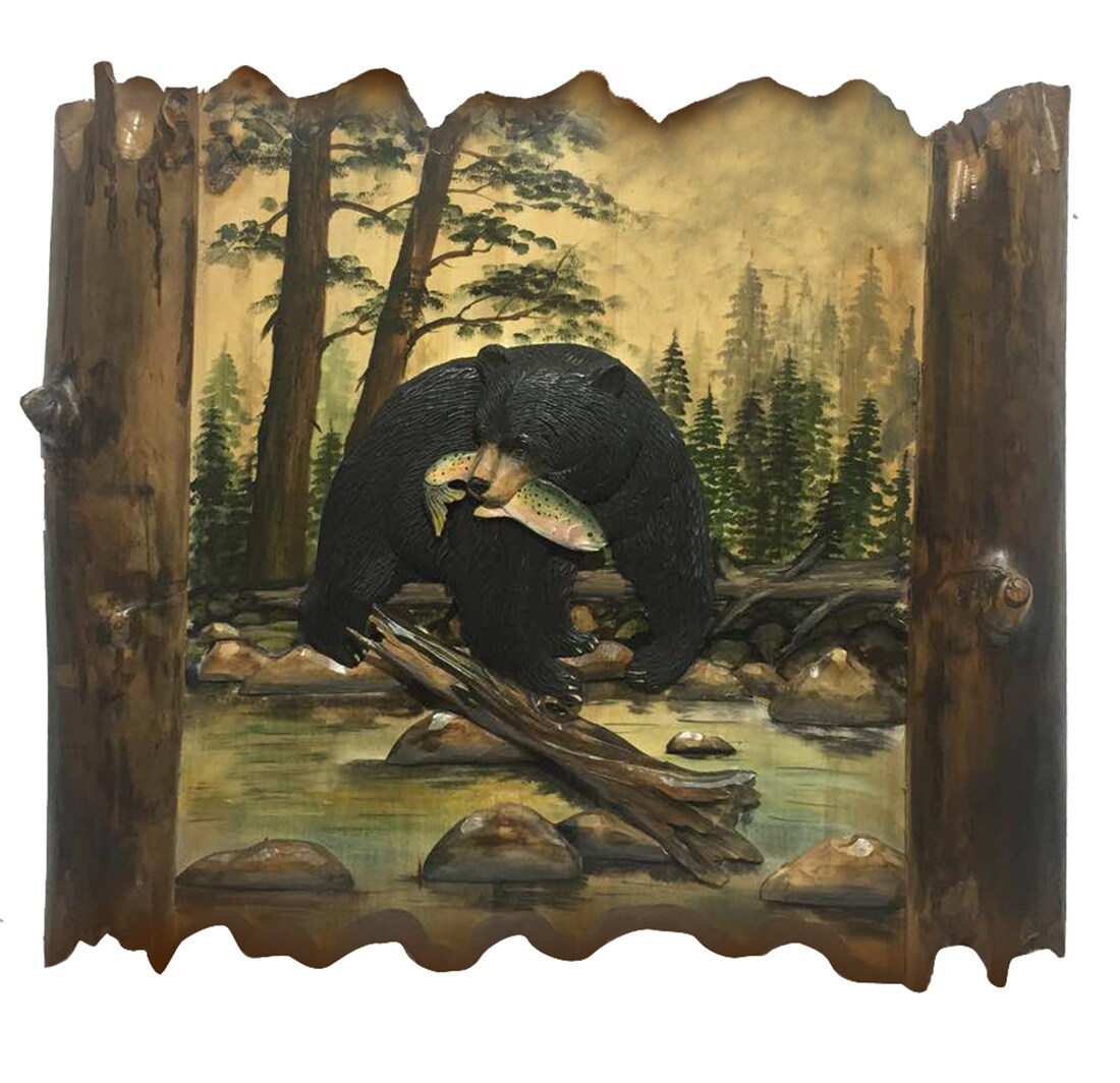 Bear Fishing Hand Crafted Intarsia Wood Art Wall Hanging 29 X 33 X 3 Inches