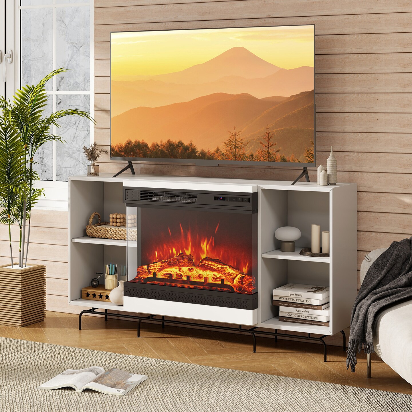 Black 24 Inches 3-Sided Glass Electric Fireplace Heater with Remote Control