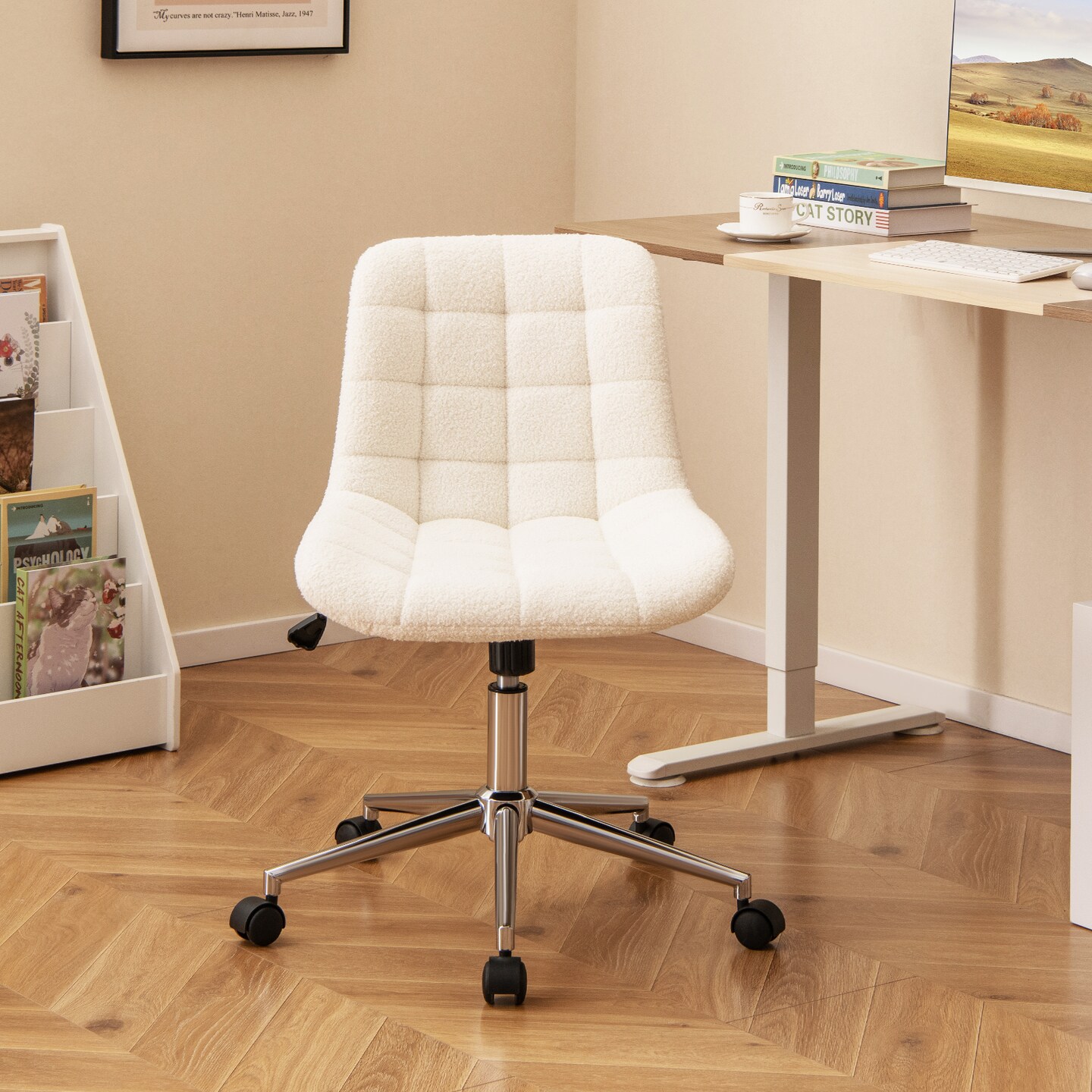 White Teddy Fleece Armless Office Chair with 5 Smooth Rolling Wheels and Metal Base