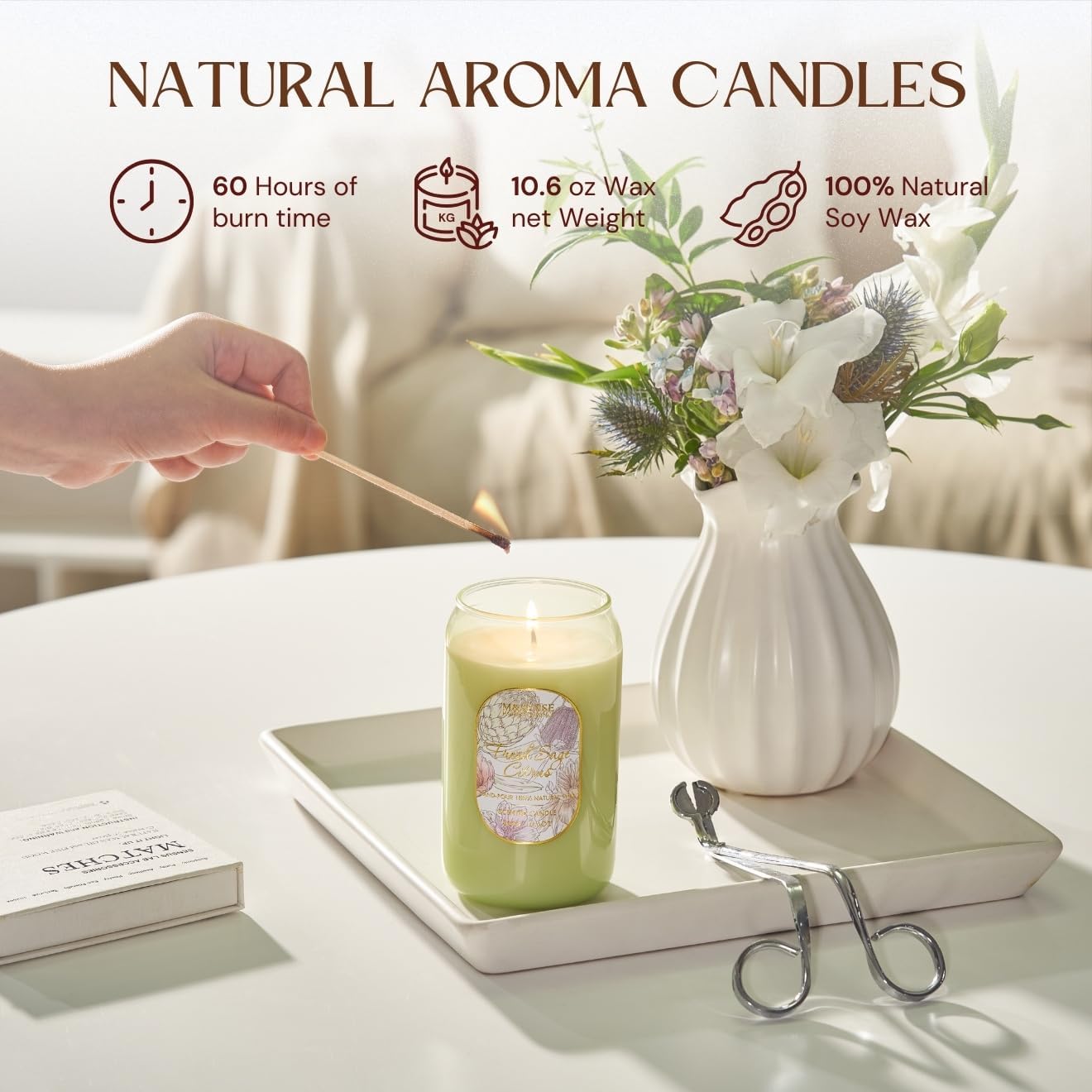 Aromatherapy Green Soy Scented Candle - Fresh Sage Citrus Scent, 10.6 oz, 60-Hour Burn,Clean Stress Relief Candles Gift for Birthday,Valentine&#x27;s Day,Mother Day