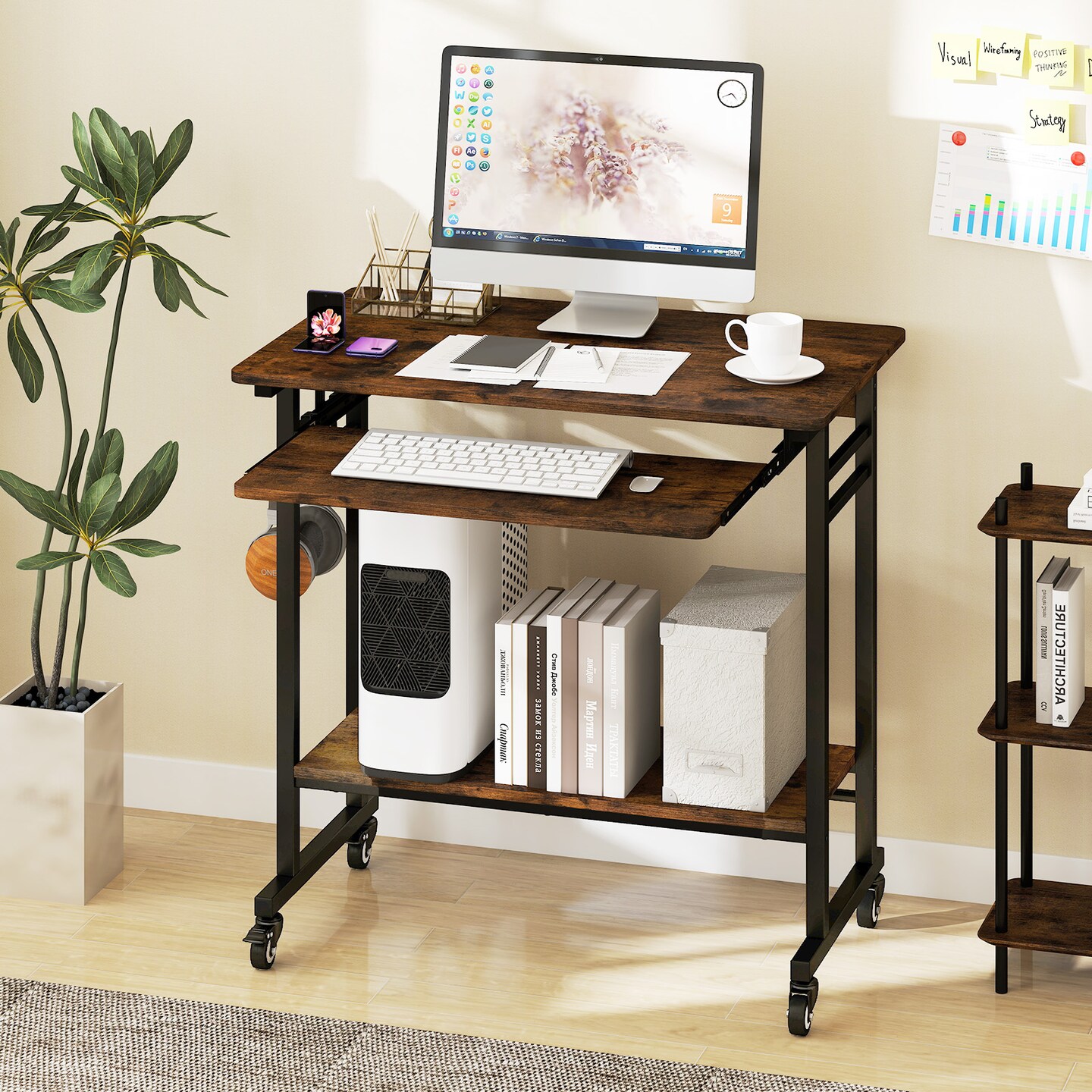 Rustic Brown Rolling Laptop Table with Pull-out Keyboard Tray and Hooks