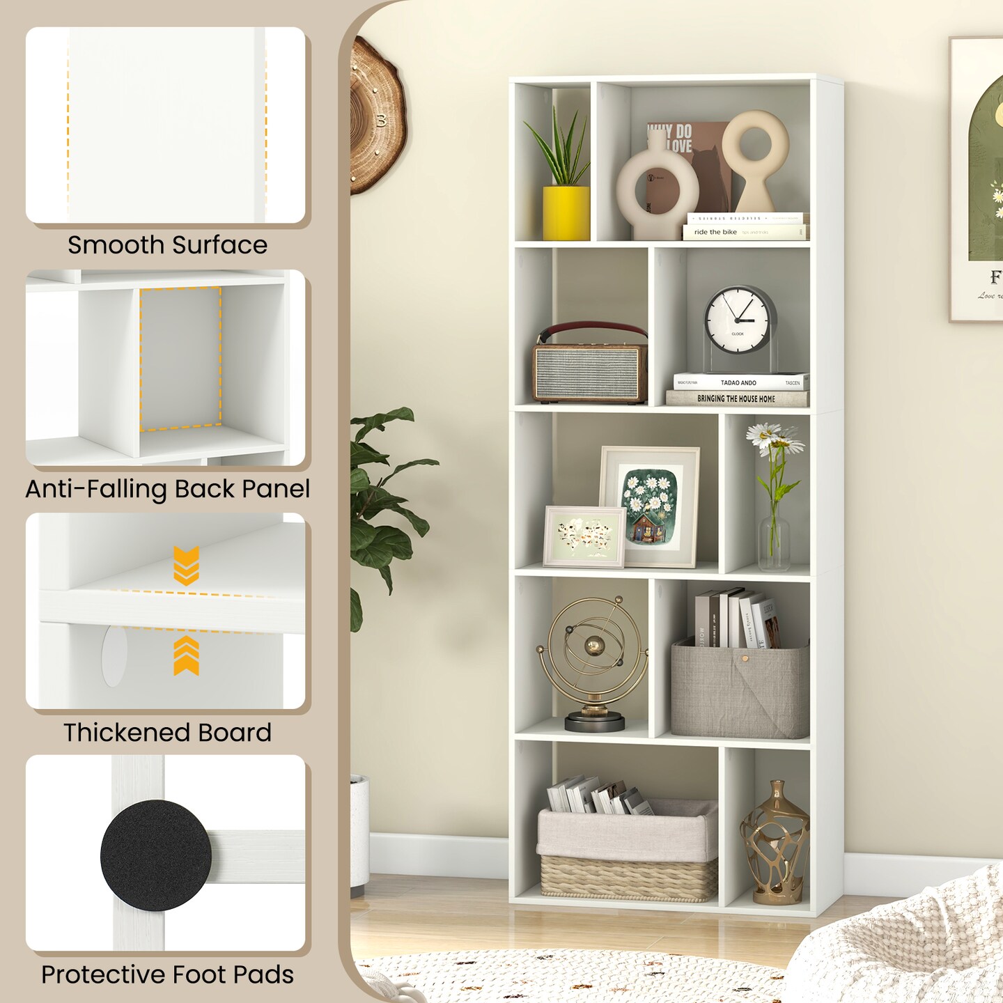 63 Inch White Tall 5-Tier 10-Cube Geometric Bookshelf Perfect for Living Room, Study or Office