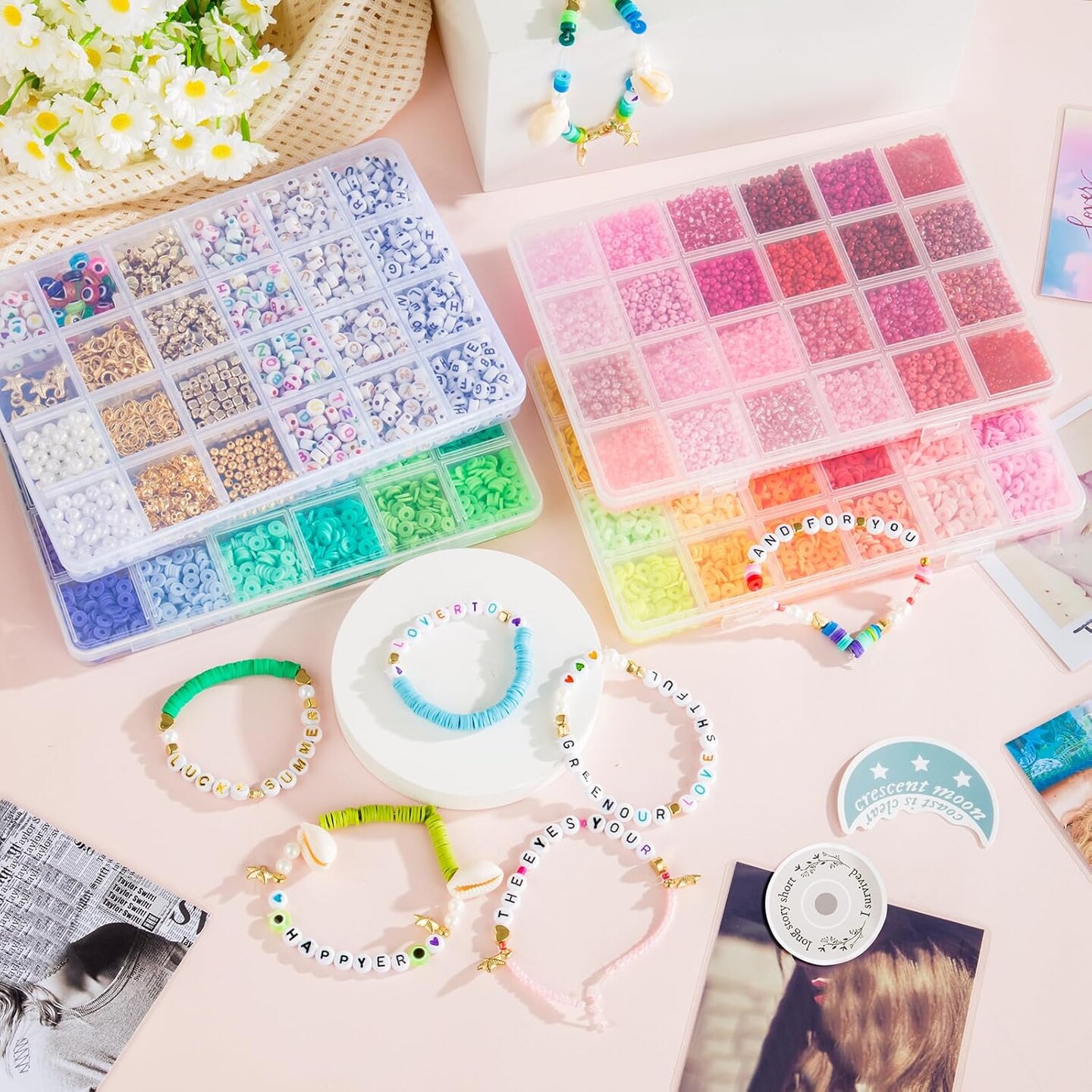 Friendship Bracelet Kit 4 Boxes-13056 Pcs 72 Colors Bracelet Making Kits with Clay Beads, 7200 Pcs Glass Seed Beads and 3 Styles Letter Beads with Charms for Bracelet Making Gift