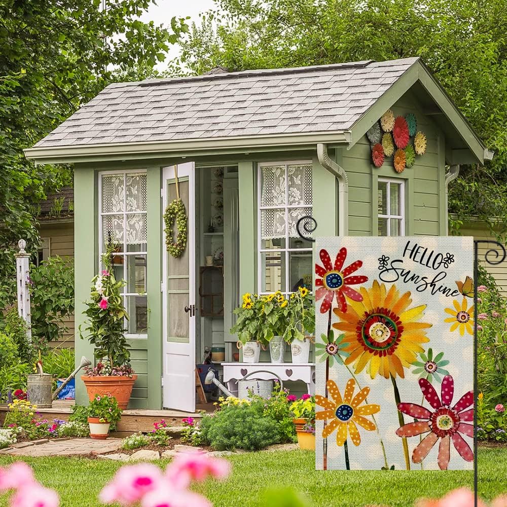 Spring Flowers Garden Flag 12x18 Inch Double Sided,Hello Sunshine Sunflower Daisy Small Yard Flags for Outdoor,Summer Seasonal Decoration for Farmhouse Holiday Outside