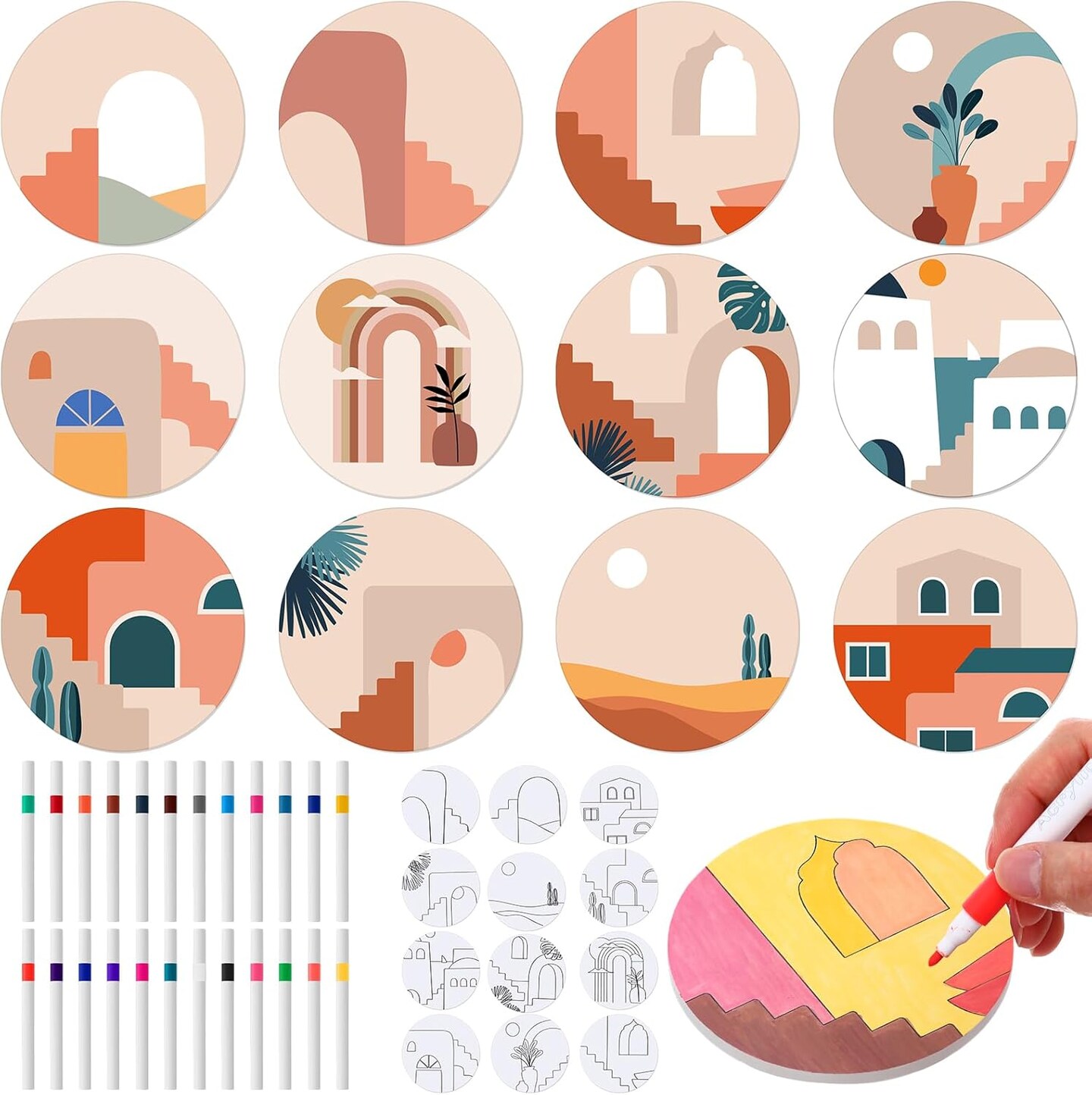 12 Pcs Color Your Own Coaster Ceramic DIY Kits for Adults Absorbent Drink Coasters with Cork Base and 12 Markers for Adult Home Table DIY Art Crafts Gift(Bohemian)