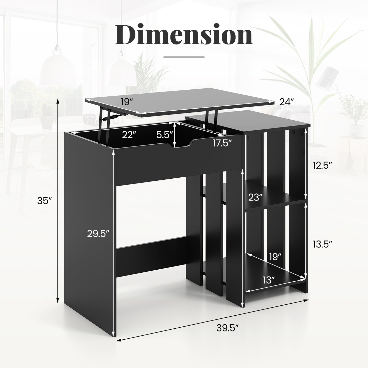 Black Space Saving Computer Desk with Hidden Compartment and Open Storage Shelves