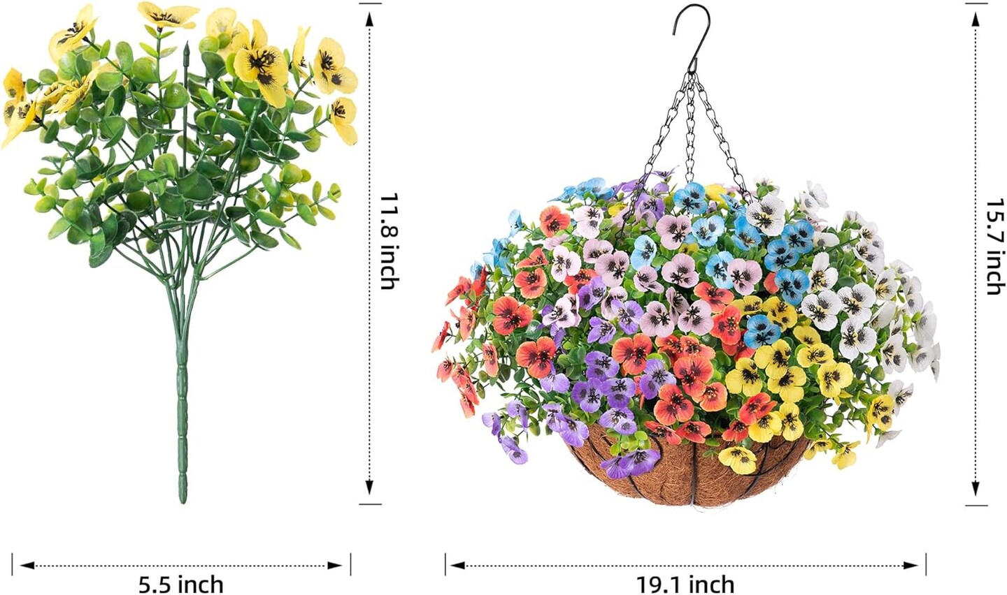 Artificial Pansies Fake Hanging Plants Flowers Basket for Outdoor Outside Decoration, 12 pcs Silk Pansy UV Resistant Look Real Colorful Faux Flowers for Home Porch Yard Patio Balcony Garden Arch Party