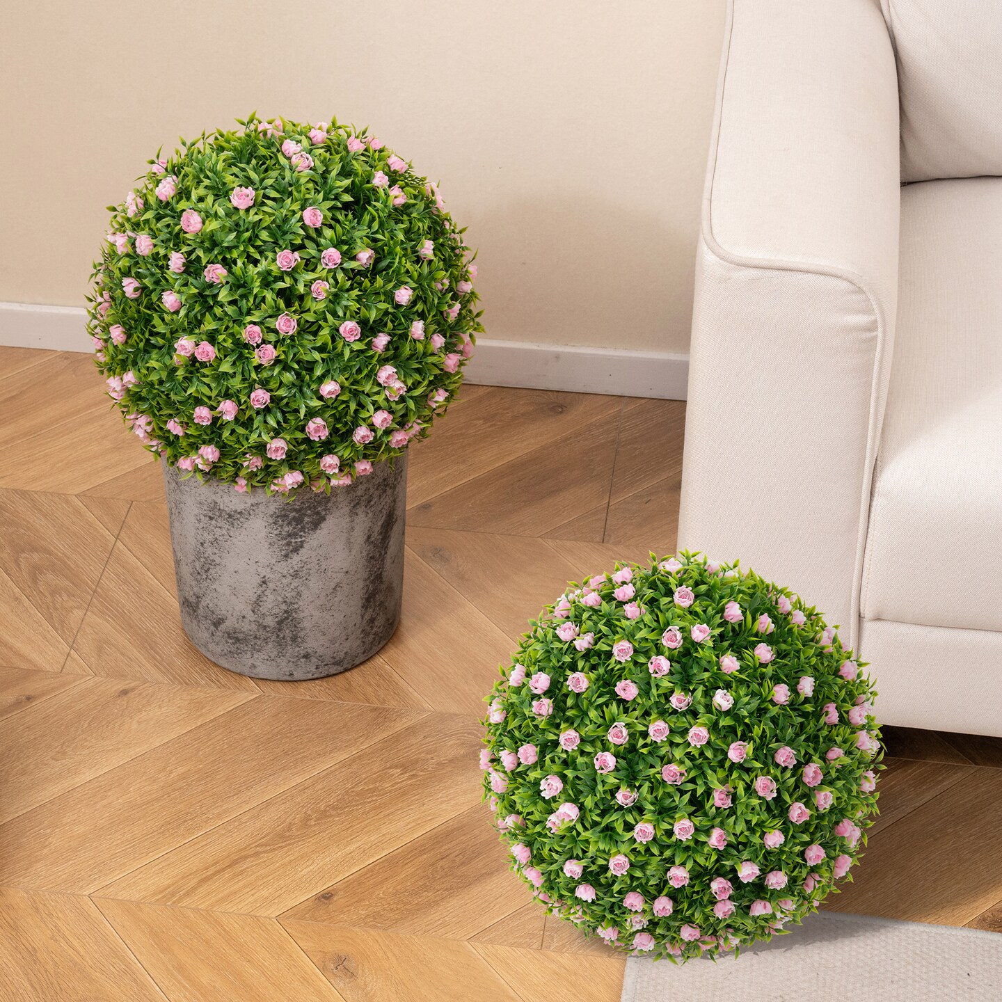 2 Pieces 17.5 Inch Topiary Balls Artificial Plant with Pink Flowers