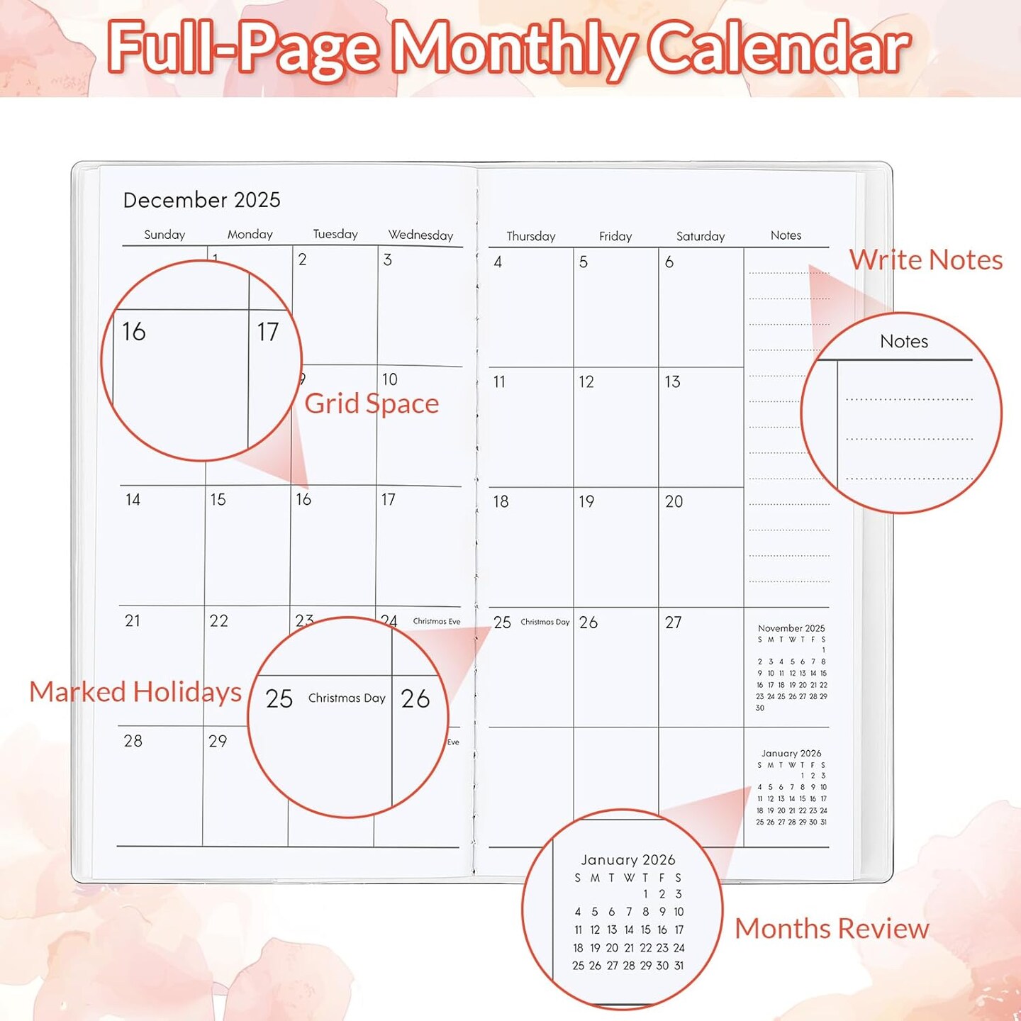 Pocket Calendar 2025-2026, Floral Monthly Planner 2025-2026 - 3.7&#x22; x 6.7&#x22; - Runs from January 2025 Until December 2026, 2025 Pocket Planner with PVC Cover for Planning