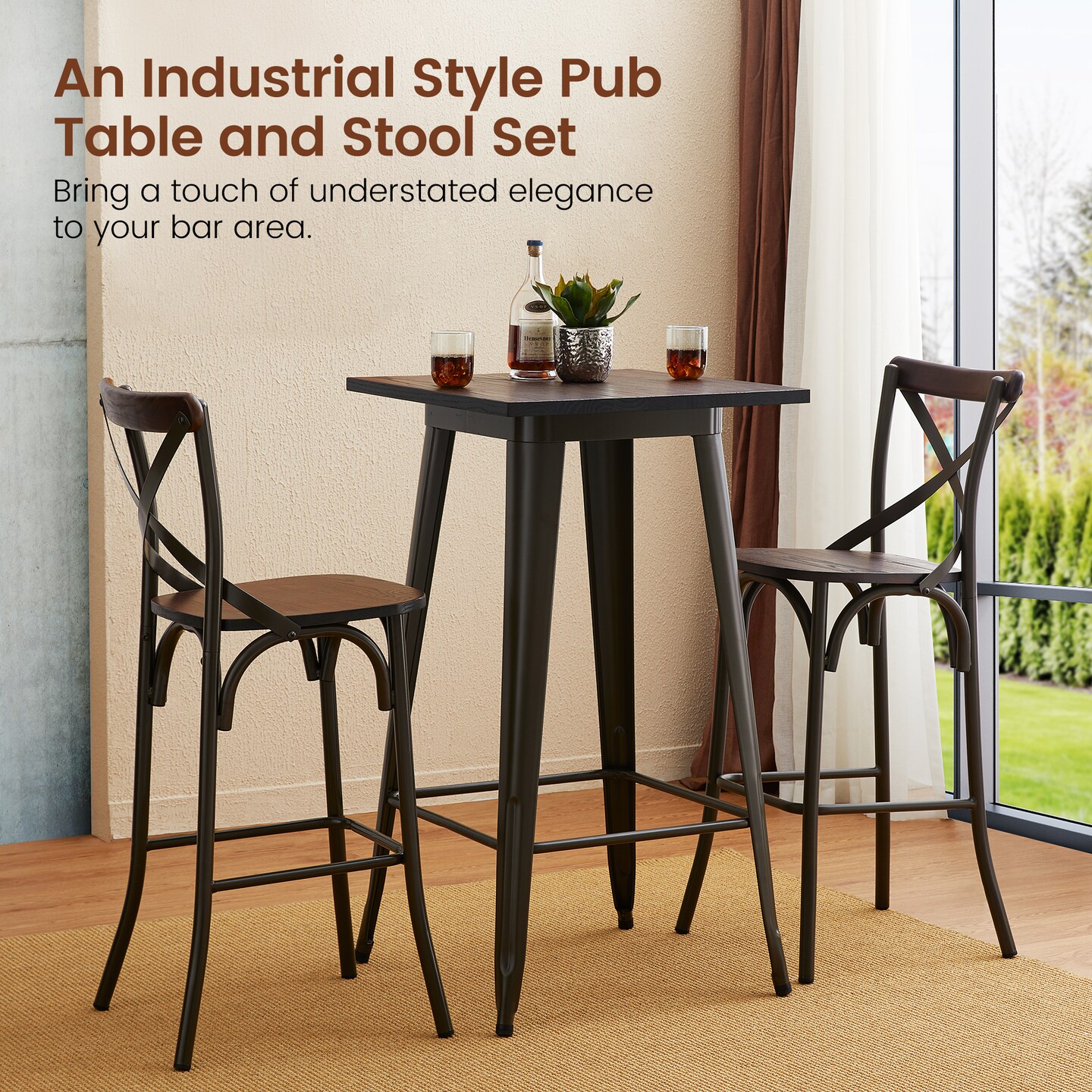 3 Piece Pub Table and Bar Chair Set - Steel Square Bar Table and Bar Chair Set