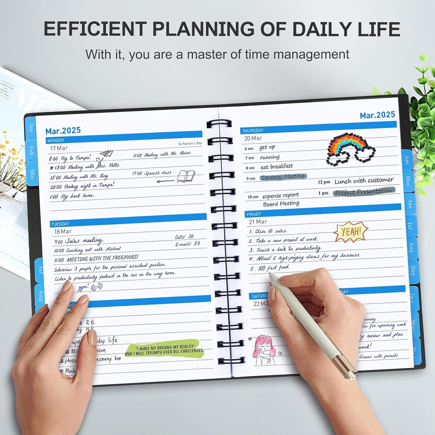 Daily Planner 2025-2026, 18 Month Planner with Tabs, Monthly Weekly Daily Planner 2025-2026, January 2025 - June 2026 Time Management Manual and Planner, 100GSM Thick Paper, A5 Size, Black