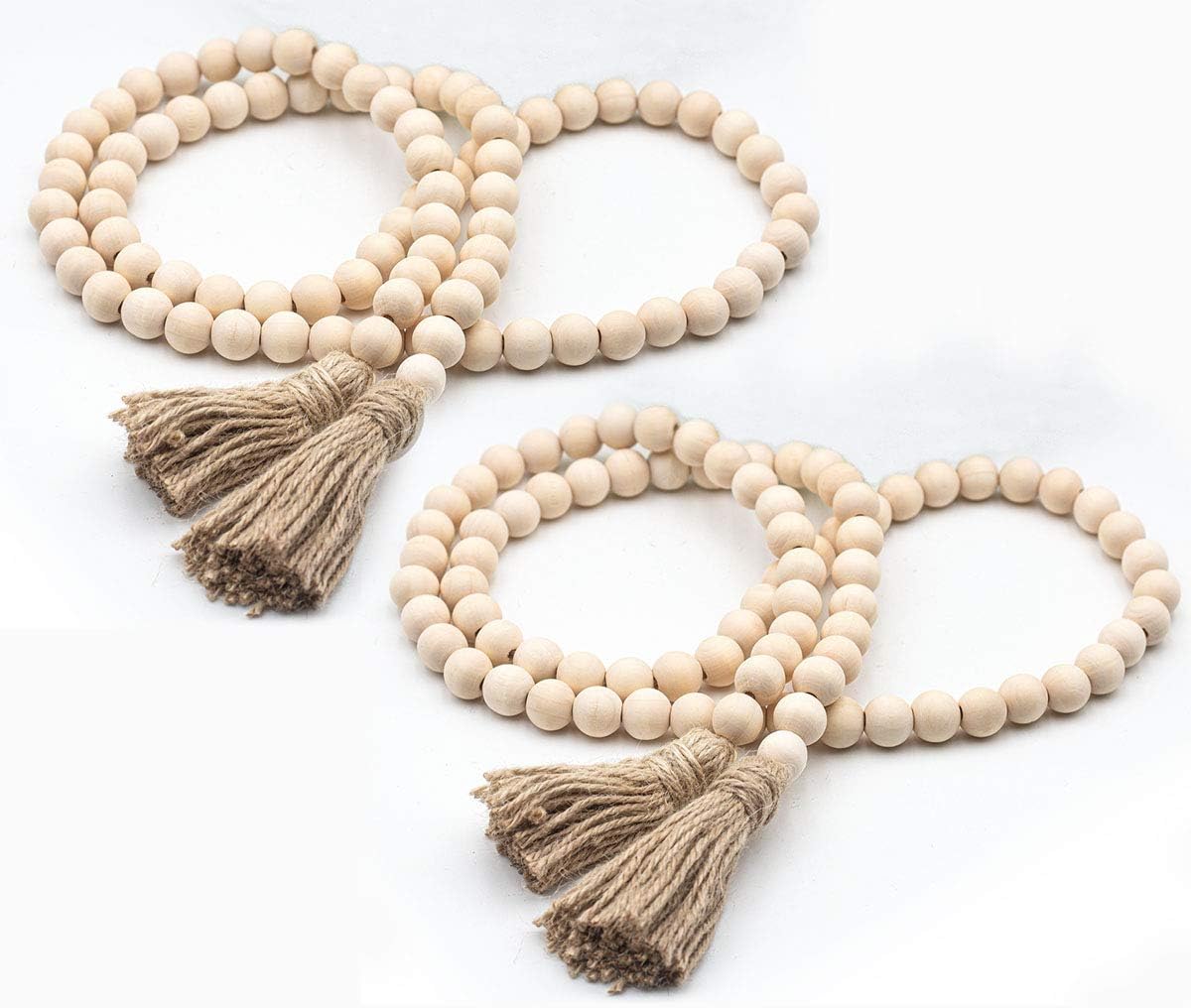 58 Inches Wood Bead Garland,Wooden Beads with Tassel,Farmhouse Beads Rustic Prayer Beads Boho Beads for Farmhouse Tiered Tray Coffee Table Mantel Decor (2 Pack)