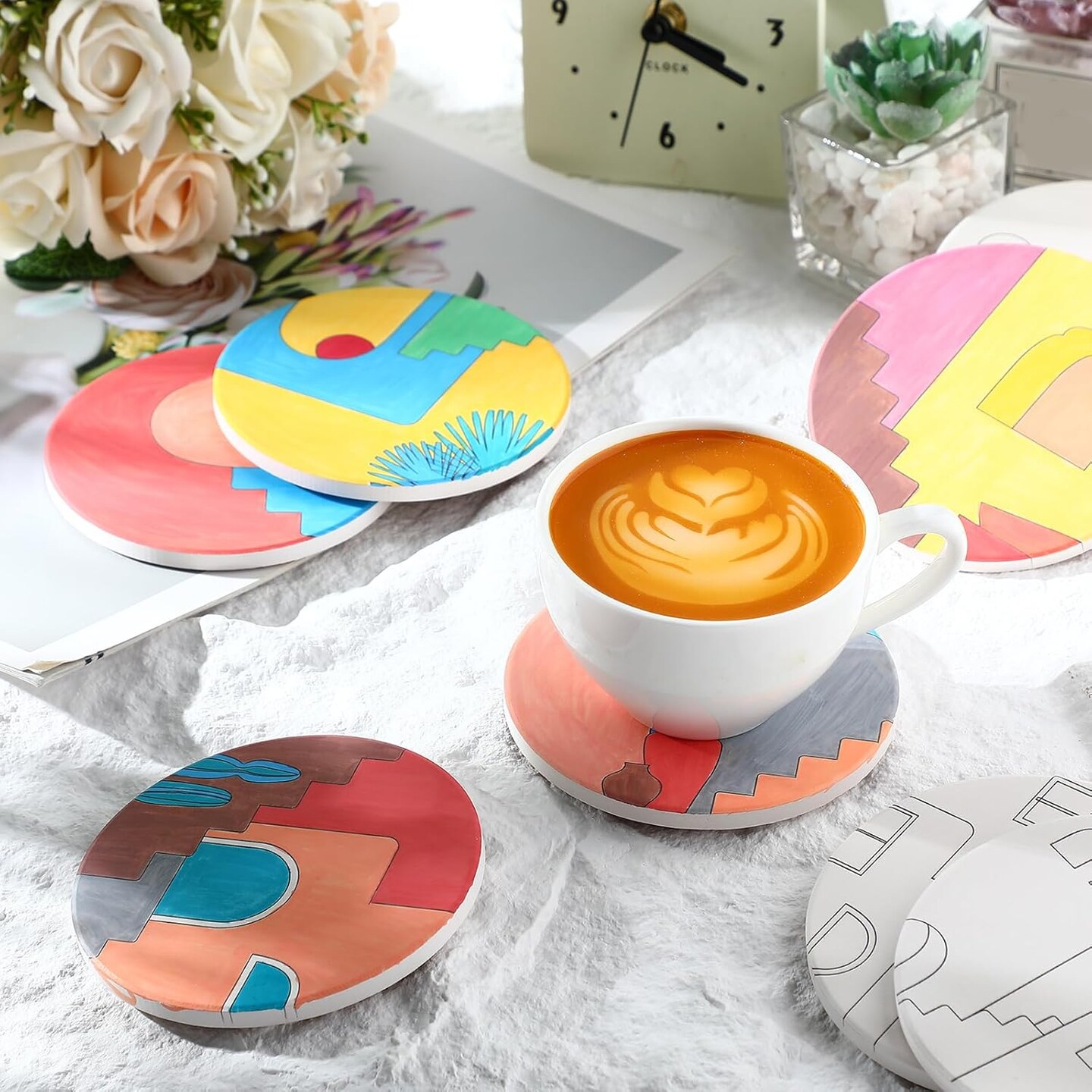 12 Pcs Color Your Own Coaster Ceramic DIY Kits for Adults Absorbent Drink Coasters with Cork Base and 12 Markers for Adult Home Table DIY Art Crafts Gift(Bohemian)