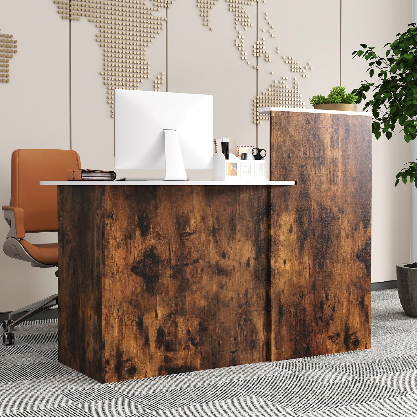 Rustic Brown Modern Reception Desk Front Counter Desk with Oval Tabletop and Lockable Storage Drawer