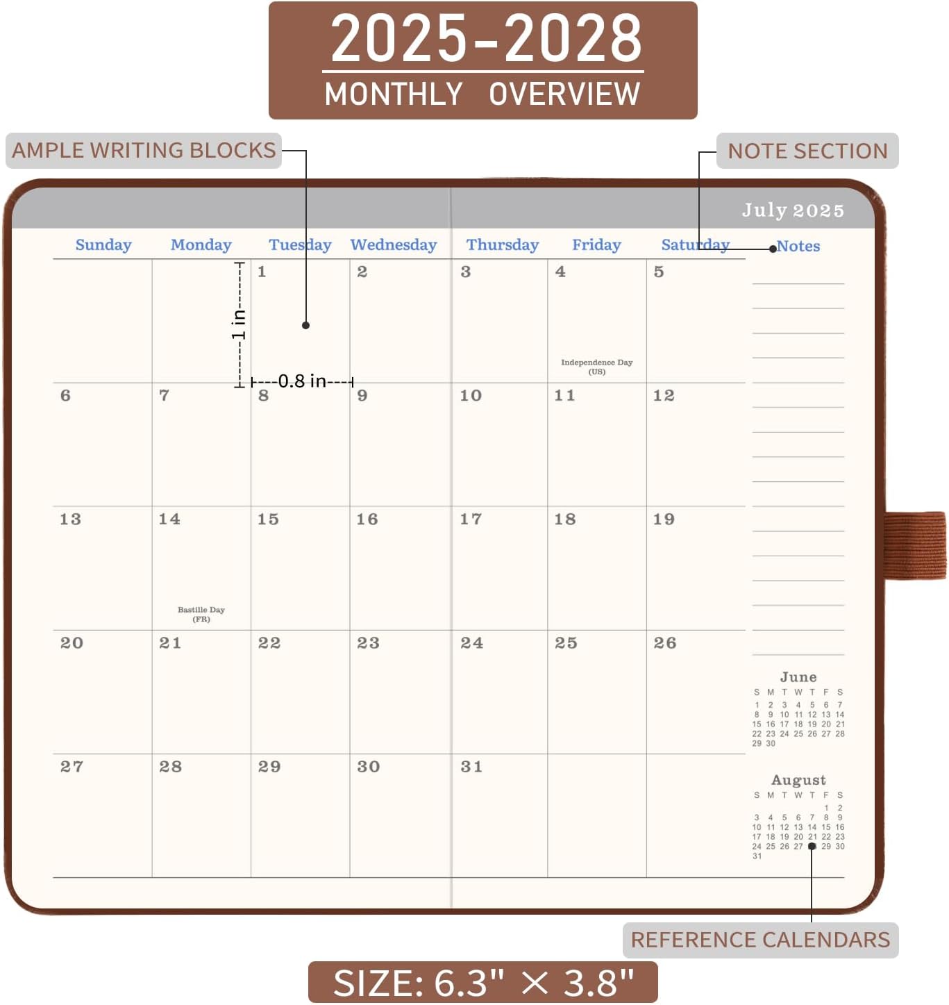 2025-2028 Monthly Pocket Planner - JUL.2025 to JUN. 2028, 3 Year Monthly Pocket Calendar, Faux Leather Cover, Small Planner, 3.8&#x22; &#xD7; 6.3&#x22;, Pen Holder, 2 Bookmarks, Back Pocket