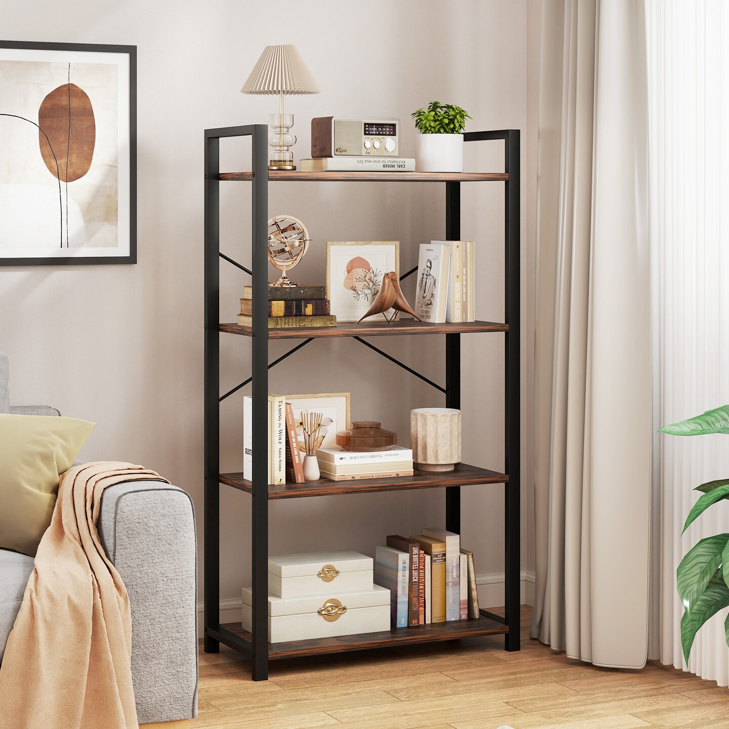 Rustic Brown 4-Tier Bookshelf with Heavy Duty Metal Frame Perfect for Any Room