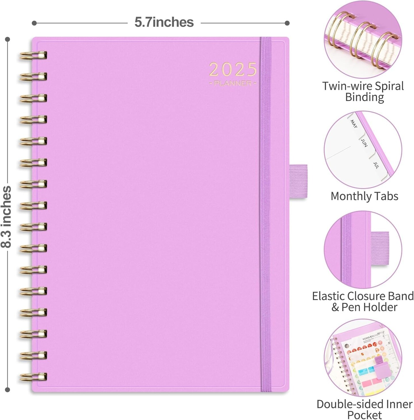 2025 Planner, Bullet Dotted Journal Style, Weekly and Monthly Planner, Jan 2025 - Dec 2025, Medium 5.7&#x22; &#xD7; 8.3&#x22;, 2025 Calendar, 12-Monthly Tabs, Flexible Plastic Cover (Purple)