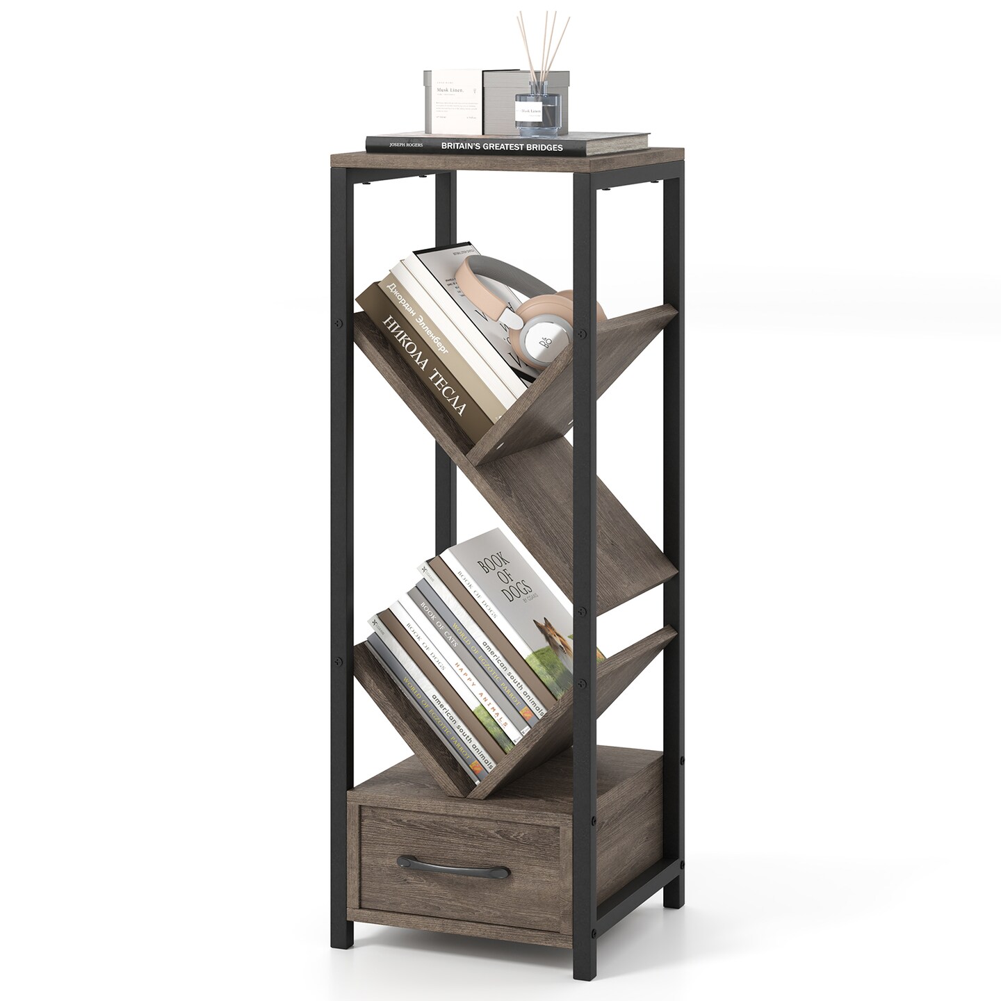 Grey 4 Tier Floor Tree Bookshelf with Drawer and Metal Frame Perfect for Any Room