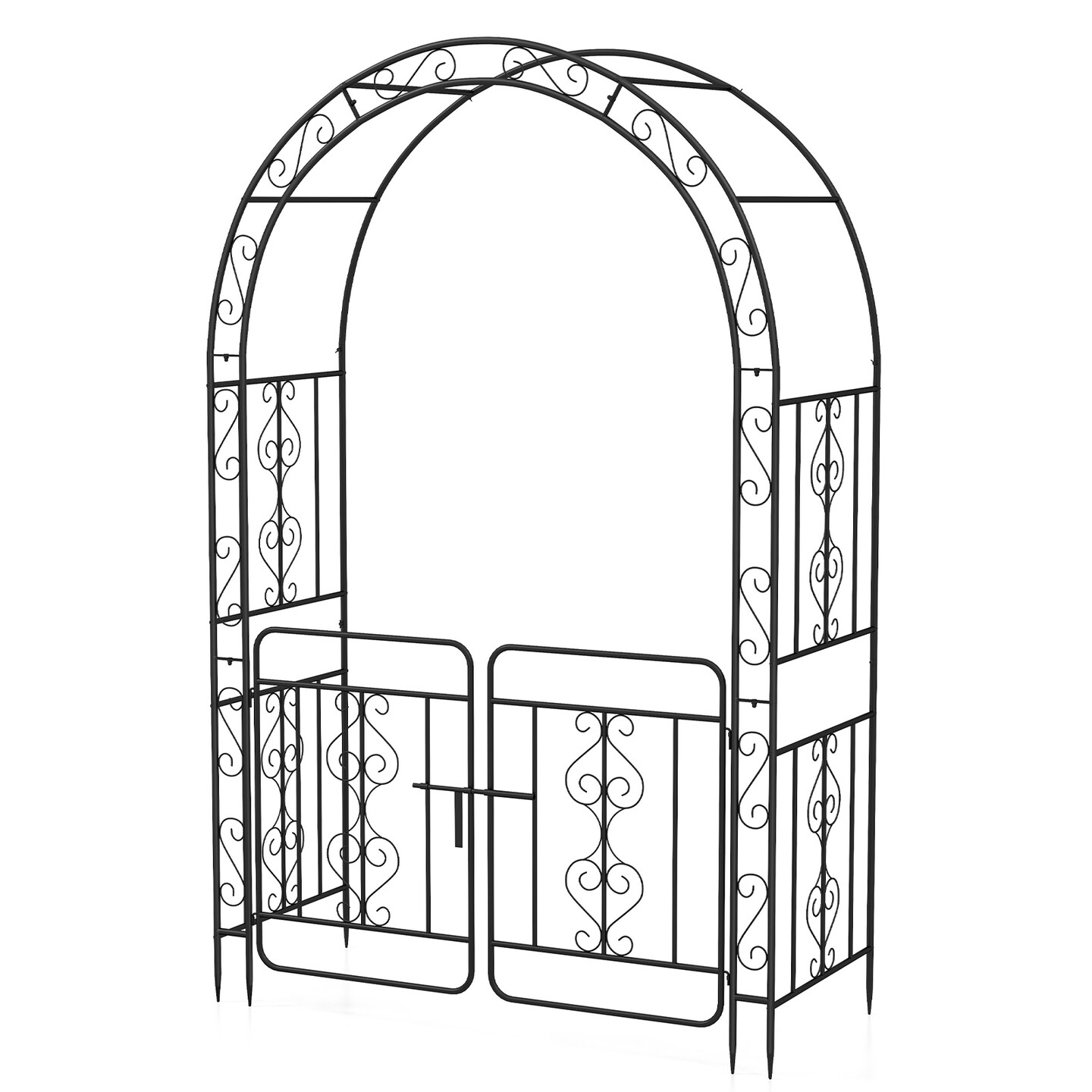 Garden Arbor with Gate with Multiple Side Crossbars and 4 Sharp Ground Stakes-Black
