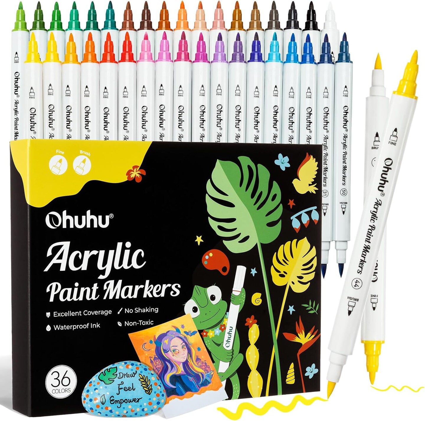 Ohuhu Acrylic Paint Markers Cotton-core: 36 Colors Dual Tips Paint Pens High Opacity Acrylic Markers Waterproof Lightfast for Rock Painting Easter Eggs Wood Glass Ceramic Canvas- Brush &#x26; Dot/ Fine &#x26; Dot/ Brush &#x26; Fine