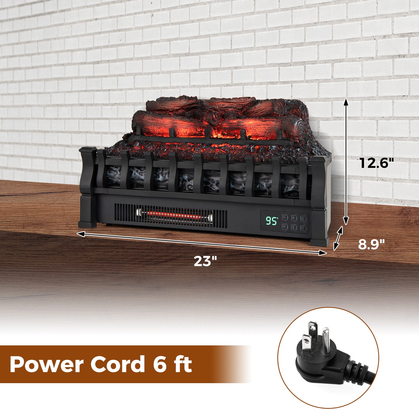 23 Inch Black Infrared Quartz Electric Fireplace Pinewood Log Heater with Adjustable Flame
