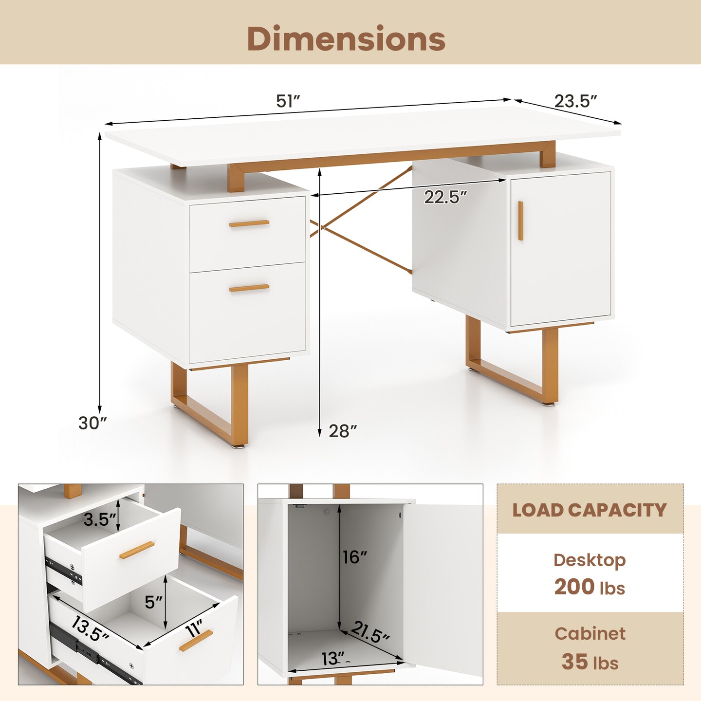 White 51 Inch Dual Drawer Computer Desk with Floating Desktop and X-Shaped Metal Frame