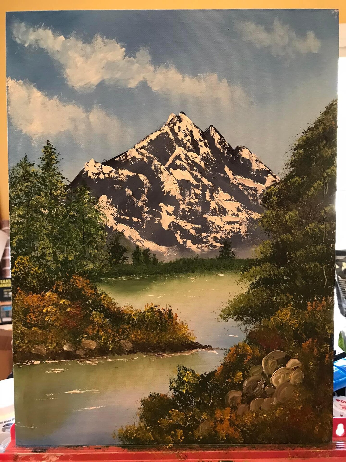 product name is Blue Mountain, landscape, wall decor, Oil painting, art, scenic, mountain, lake, water, decor, canvas board, gift, artwork
