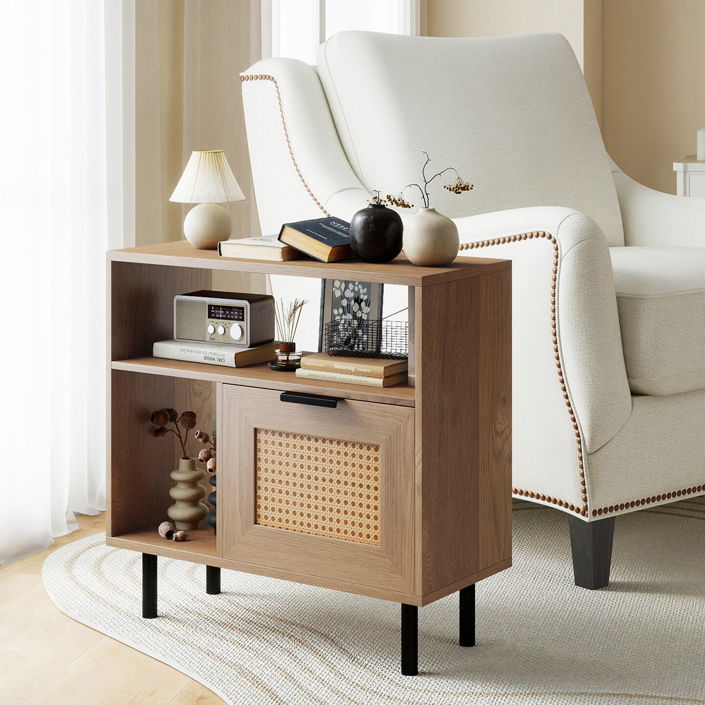 Natural Rattan Side Table Rustic Storage Cabinet With Metal Legs 24 Inch