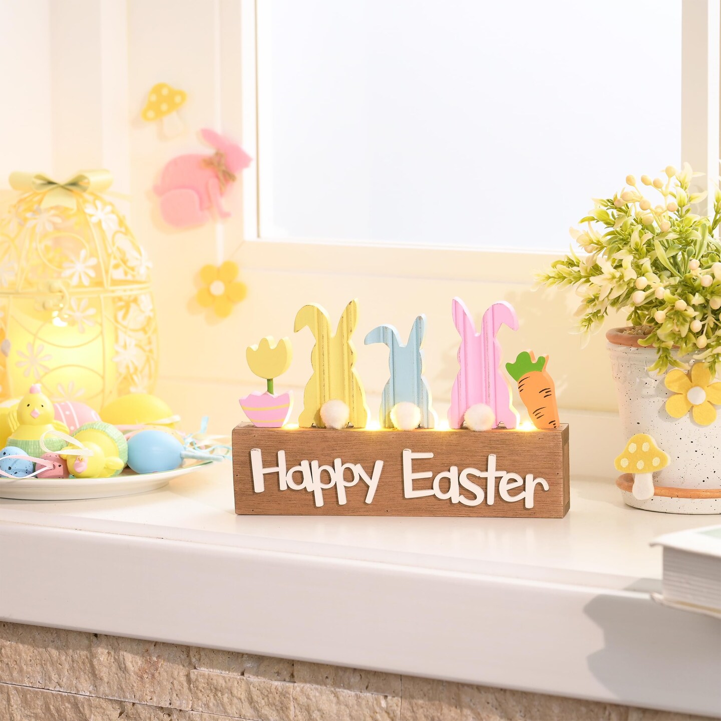 Easter Decorations, Wooden Easter Decor for Table with LED Lights, Lighted Bunny Decorations for The Home Decor Shelf Tiered Tray Living Room, 8 Inch, Pink Blue
