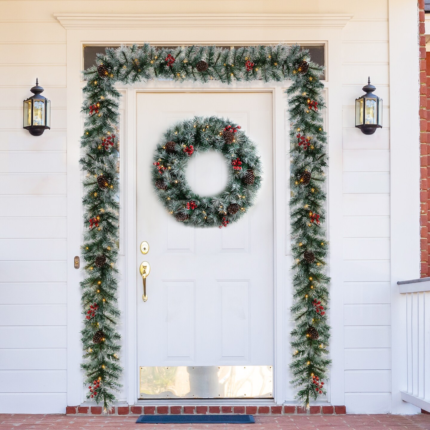 Set of 2 9ft Pre-Lit Christmas Garlands, with Warm White LED Lights with Timer, Three Function
