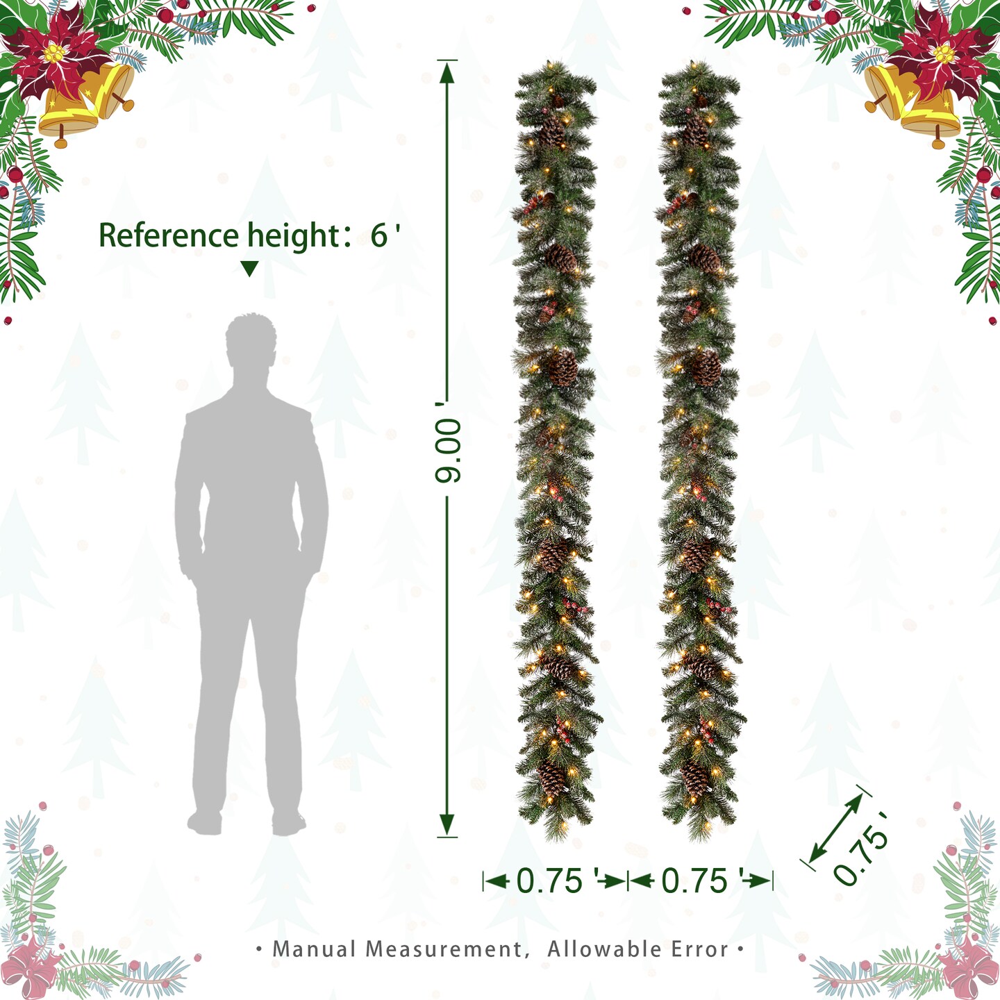 Set of 2 9ft Pre-Lit Christmas Garlands, with Warm White LED Lights with Timer, Three Function