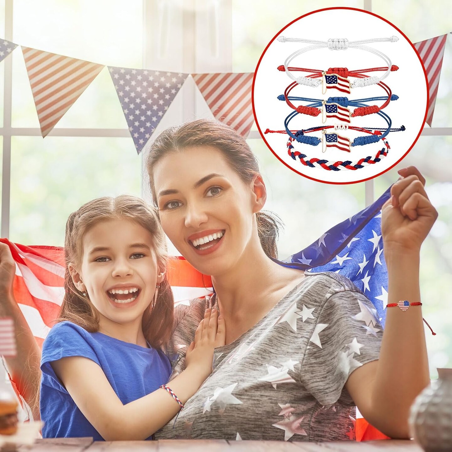 24 Pcs 4th of July Bracelets Red White and Blue USA Star American Flag String Woven Bracelets Bulk decorations for Patriotic Independence Day Party Favors