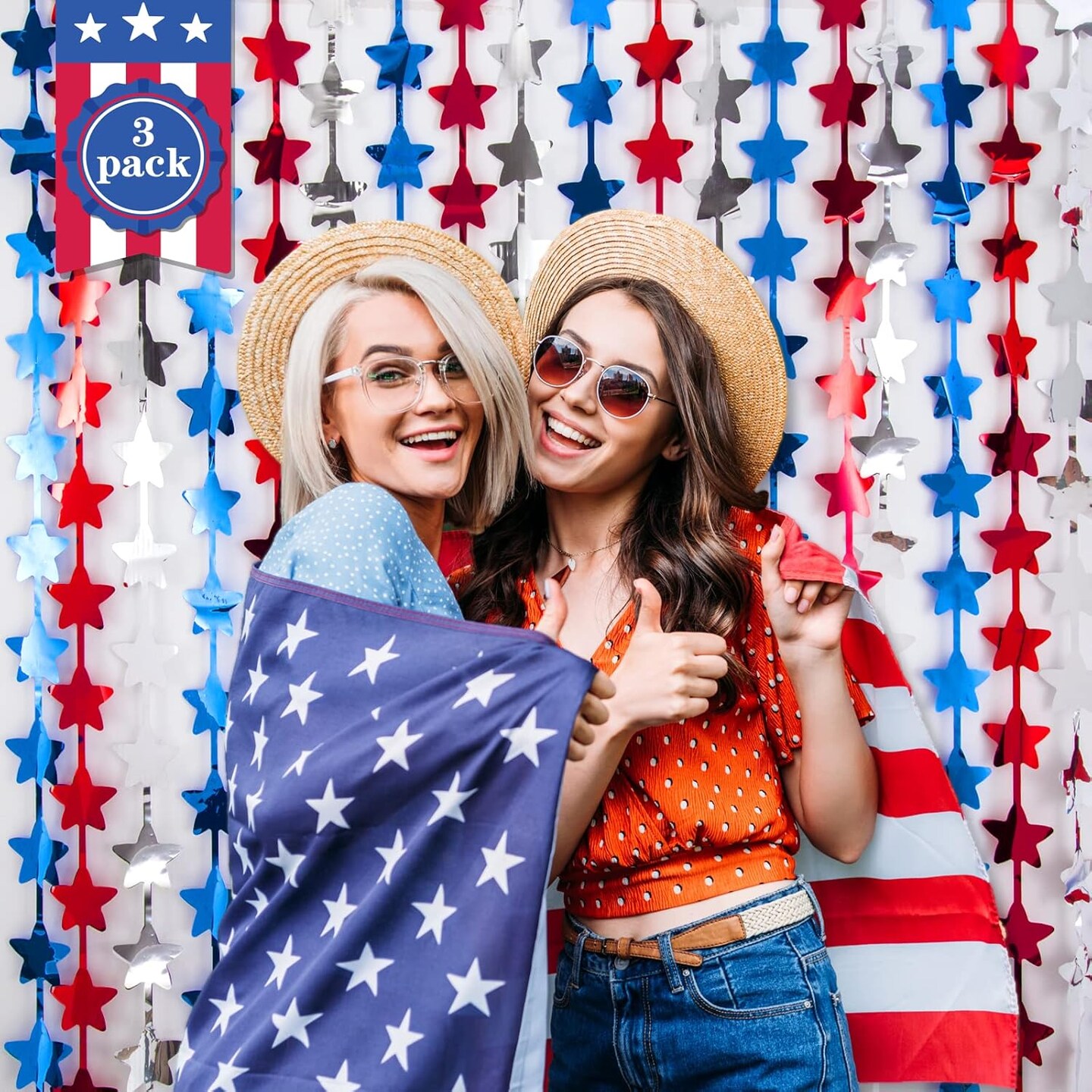 3-Pack 4th of July Star Tinsel Foil Fringe Curtains, Red White & Blue Patriotic Streamers, Photo Booth Backdrop and Party Decor for Independence Day, Memorial Day, Labor Day, and Veterans Day