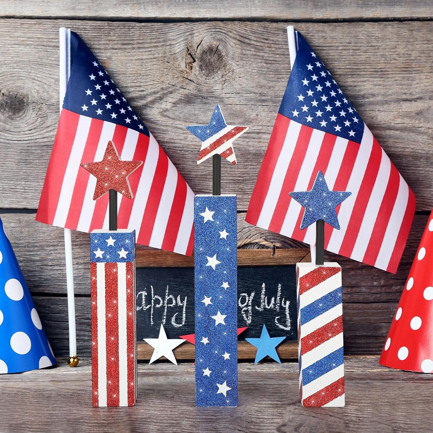 4th of July Decorations Set, Red White Blue Decor, Wooden Patriotic Memorial Day Tabletop Decor, Labor Day Decorations, Fourth of July Decoration for Home Office Table (Flag Shinny)