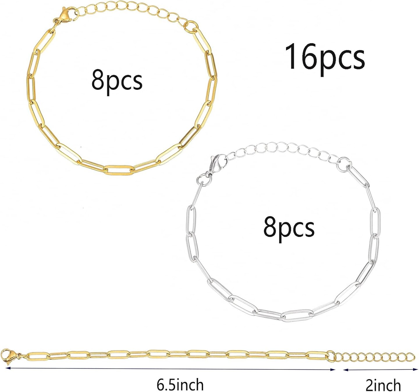 16 Pack Charm Bracelet Chain Bulk Gold Plated Stainless Steel Paperclip Chains Bracelets for DIY Jewelry Making